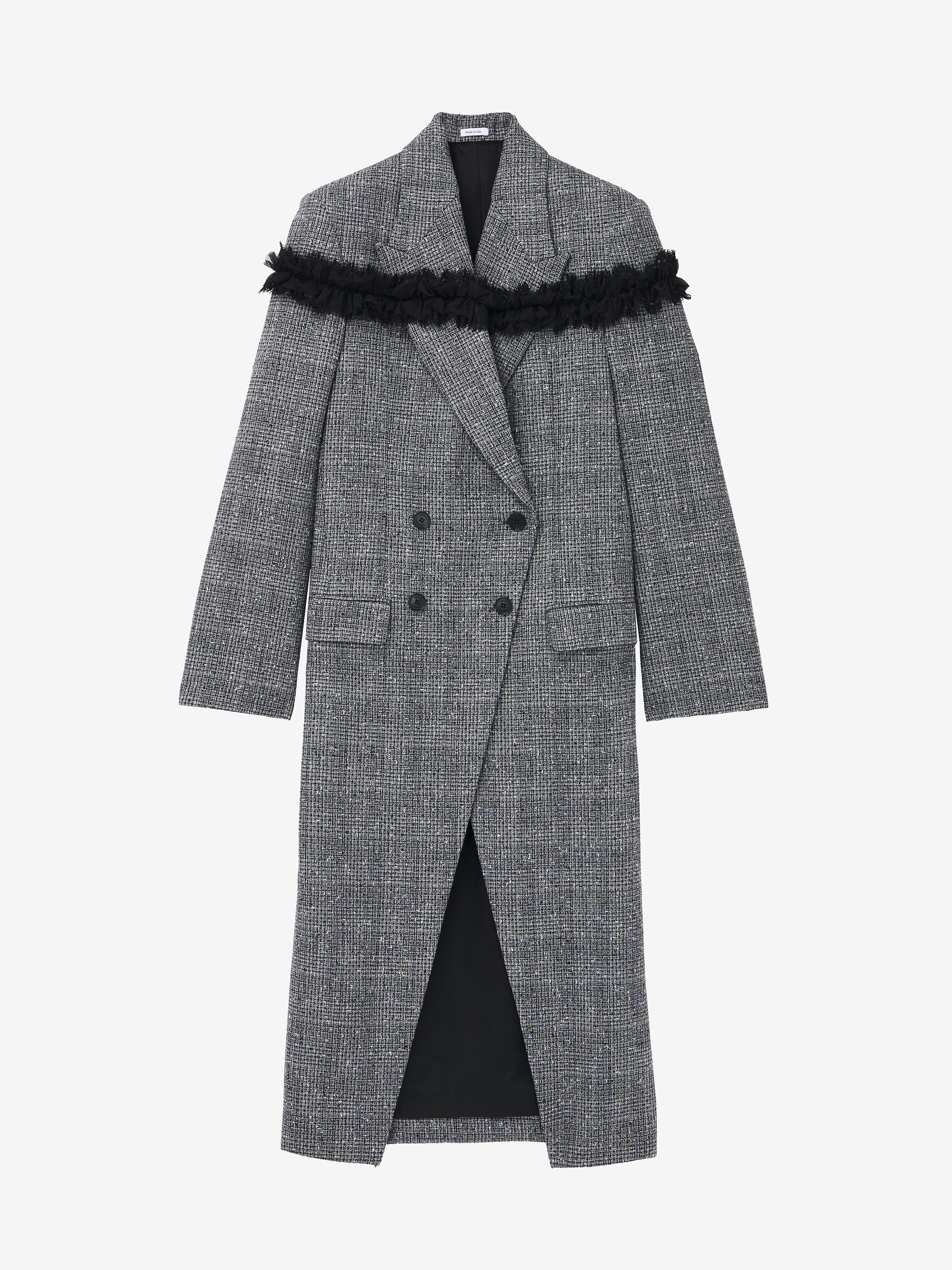 Slashed Creponne Detail Tweed Check Coat