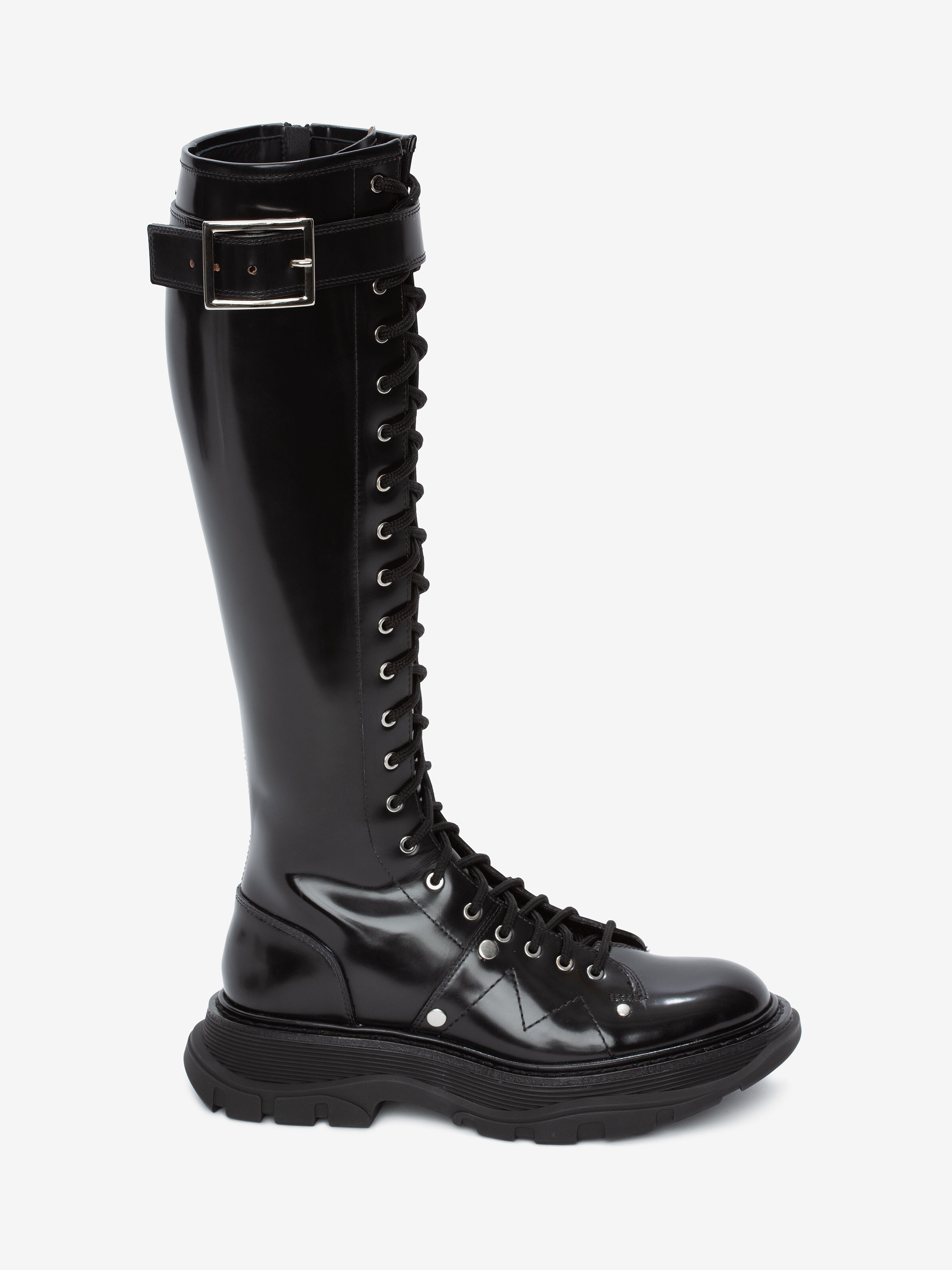Shop Alexander Mcqueen Tread Slick Knee-high Boot In Black/silver