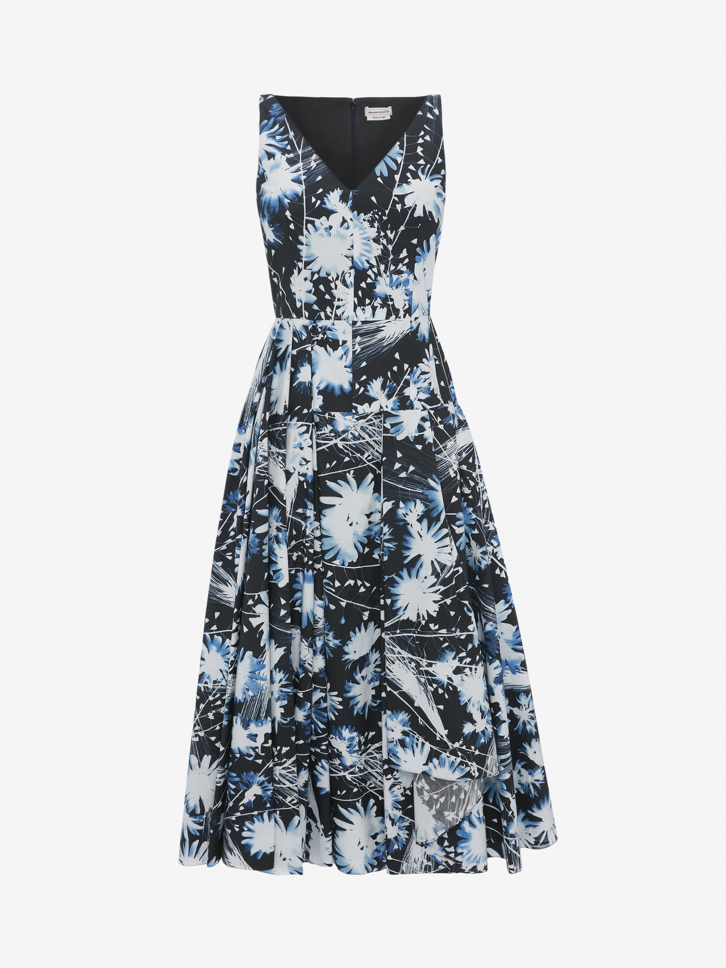 Alexander Mcqueen Solarized Floral Midi Dress In Cyanotype Navy | ModeSens