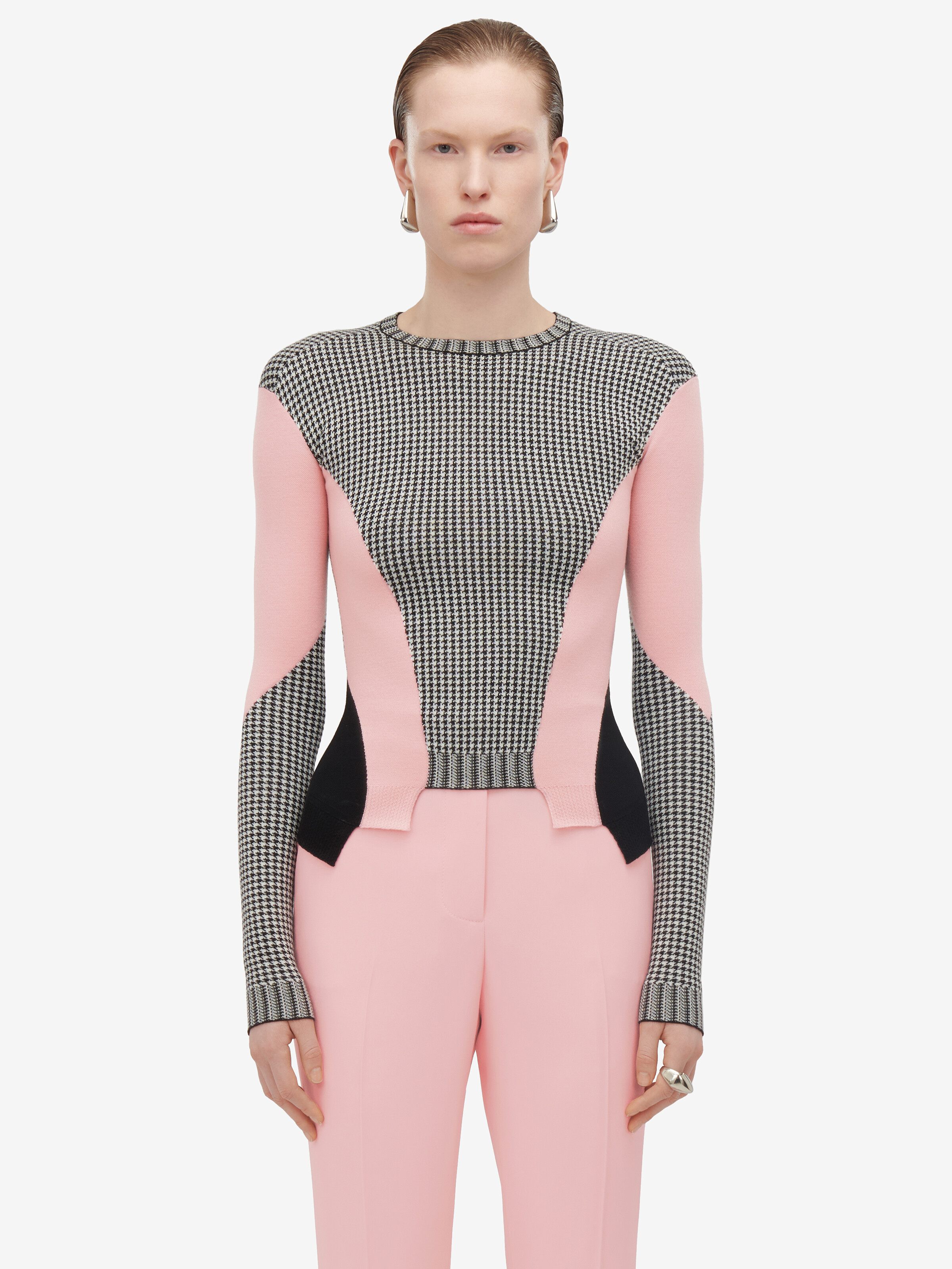 Women's Dogtooth Colour-Block Peplum Jumper in Black/White/Pink in 100% Wool | Alexander McQueen - image 1