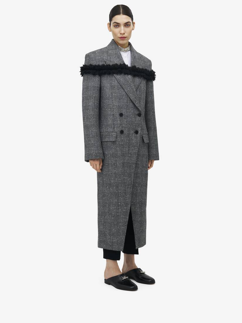 Slashed Creponne Detail Tweed Check Coat