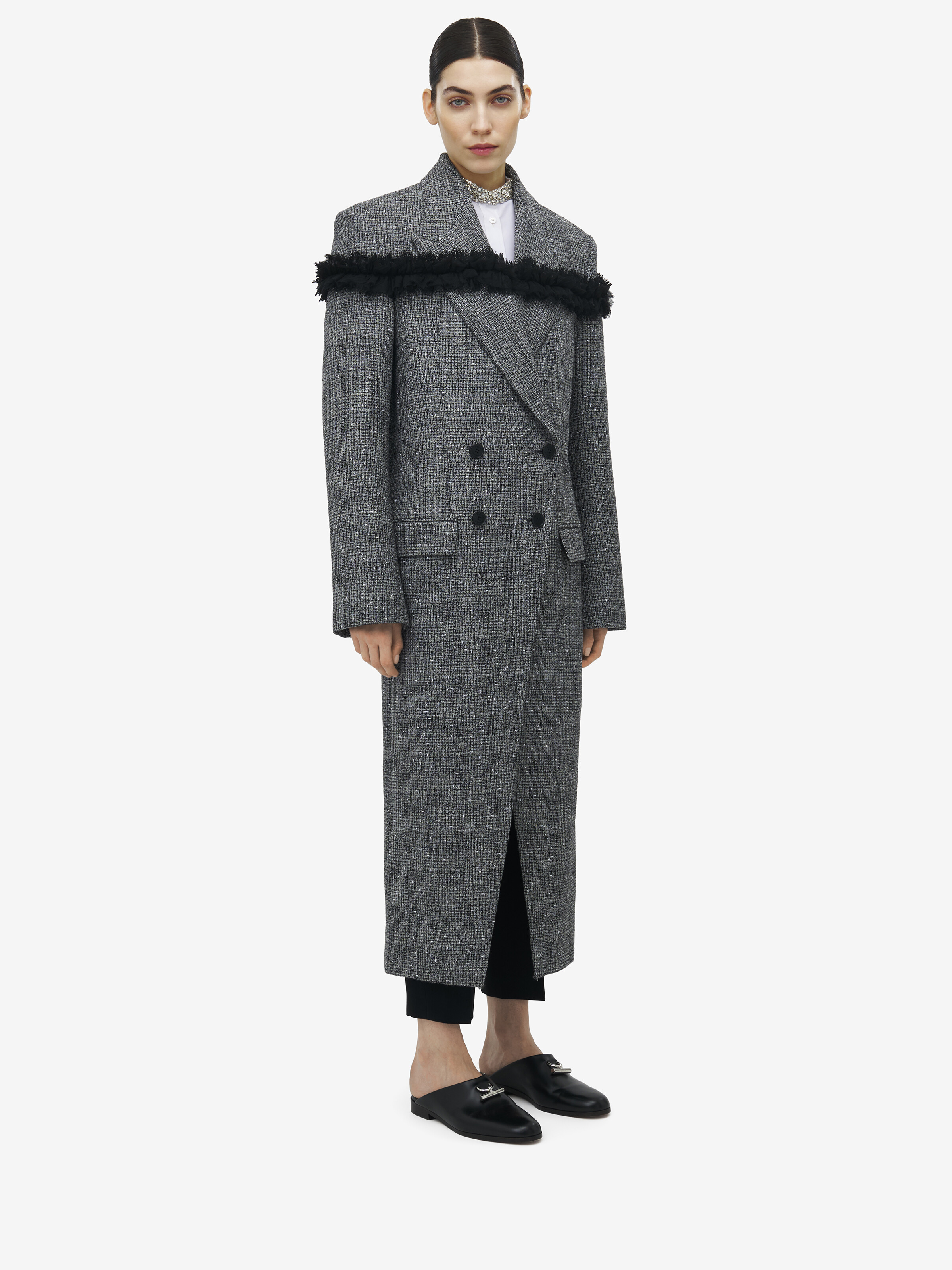 Slashed Creponne Detail Tweed Check Coat