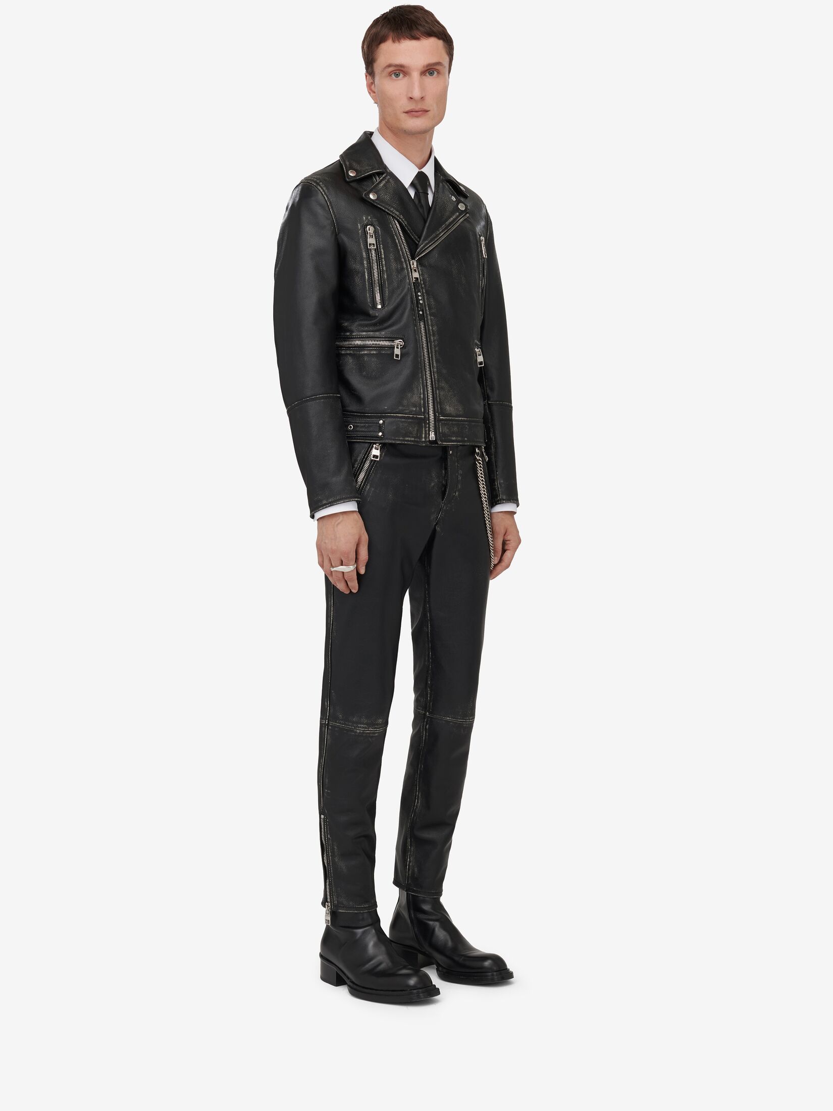Leather Biker Jacket in Black/Ivory | Alexander McQueen GB