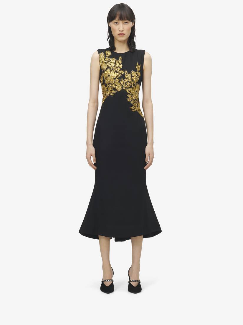 Warped Floral Embroidery Midi Dress