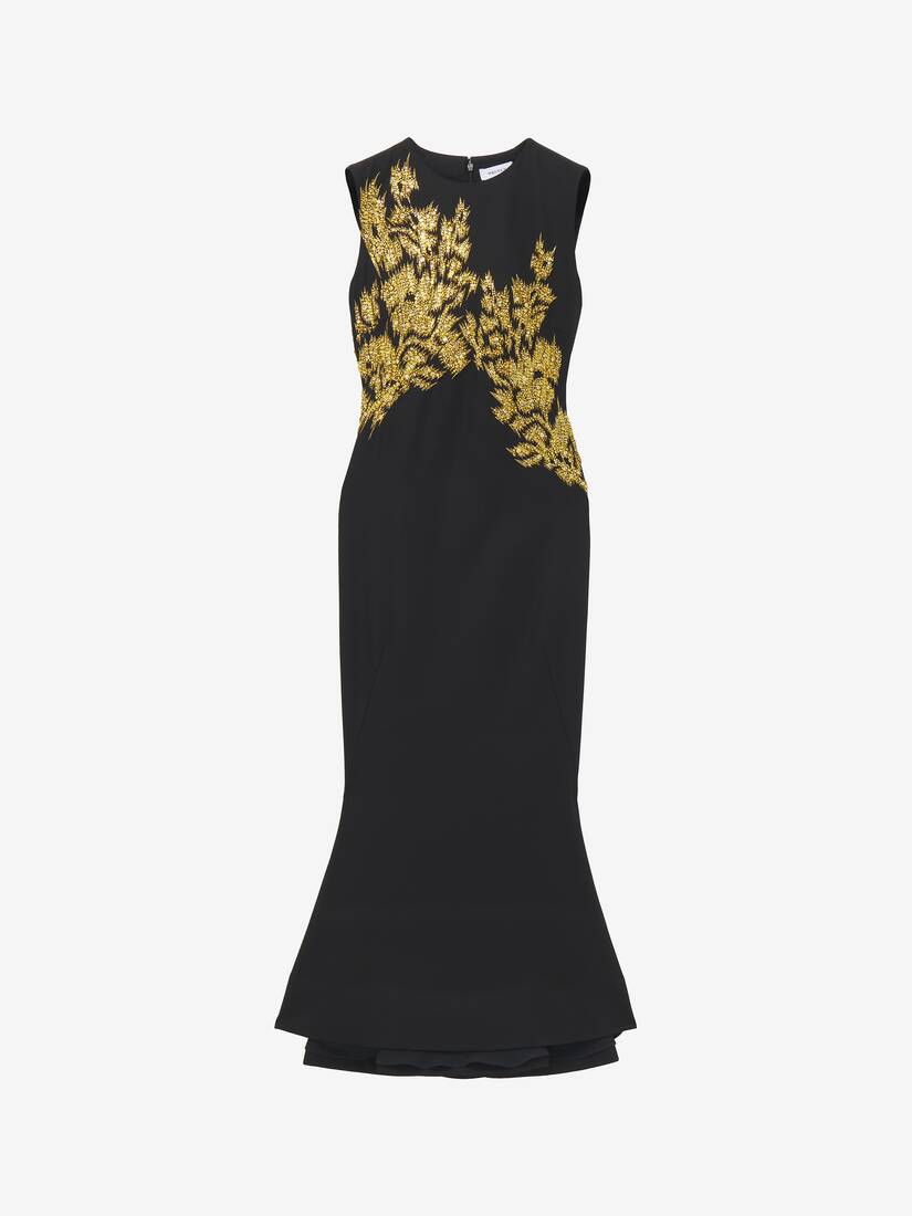 Women's Warped Floral Embroidery Midi Dress in Black | McQueen US Women's Warped Floral Embroidery Midi Dress in Black | McQueen US