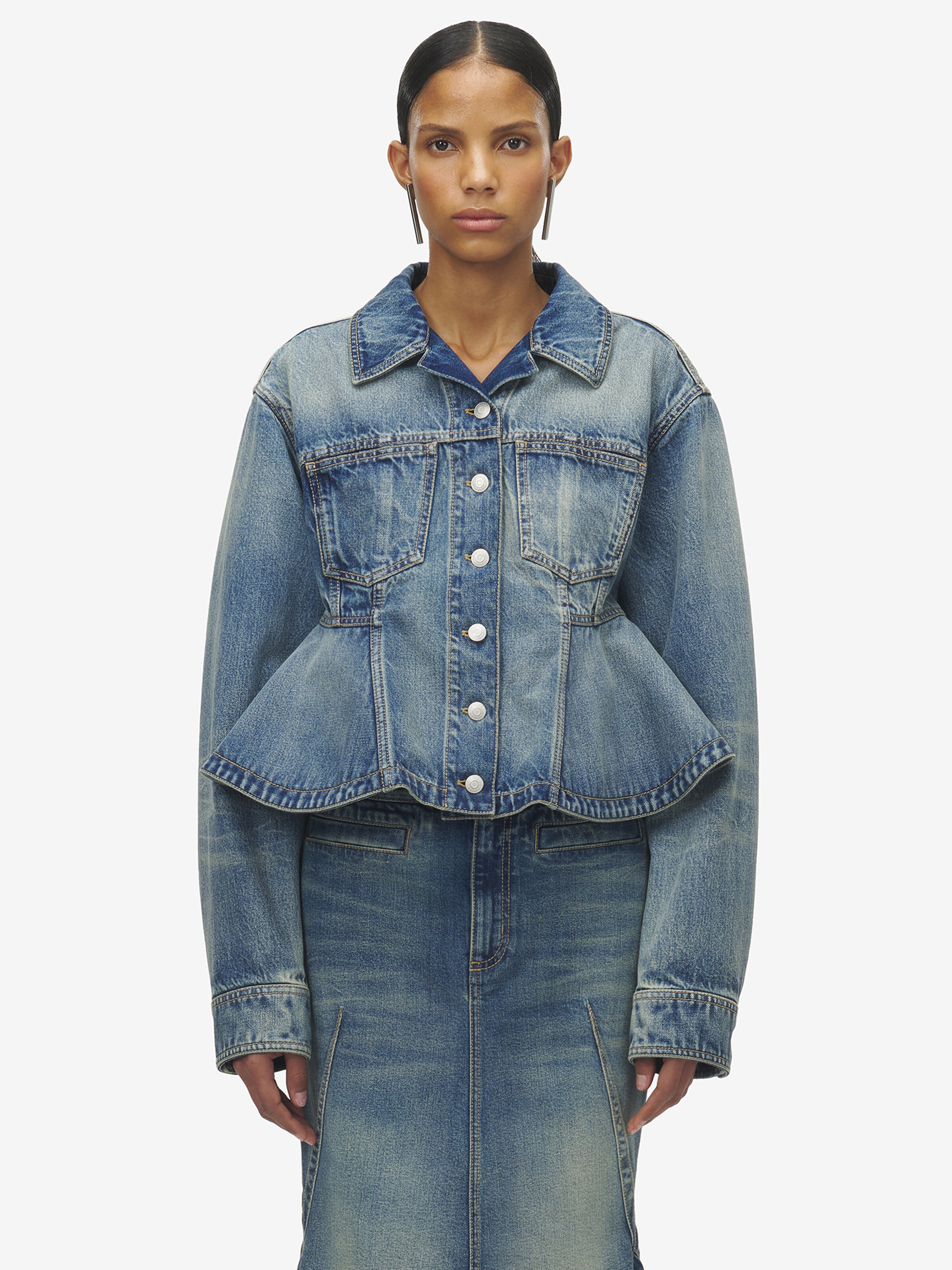 Shop Alexander Mcqueen Stonewashed Denim Peplum Jacket