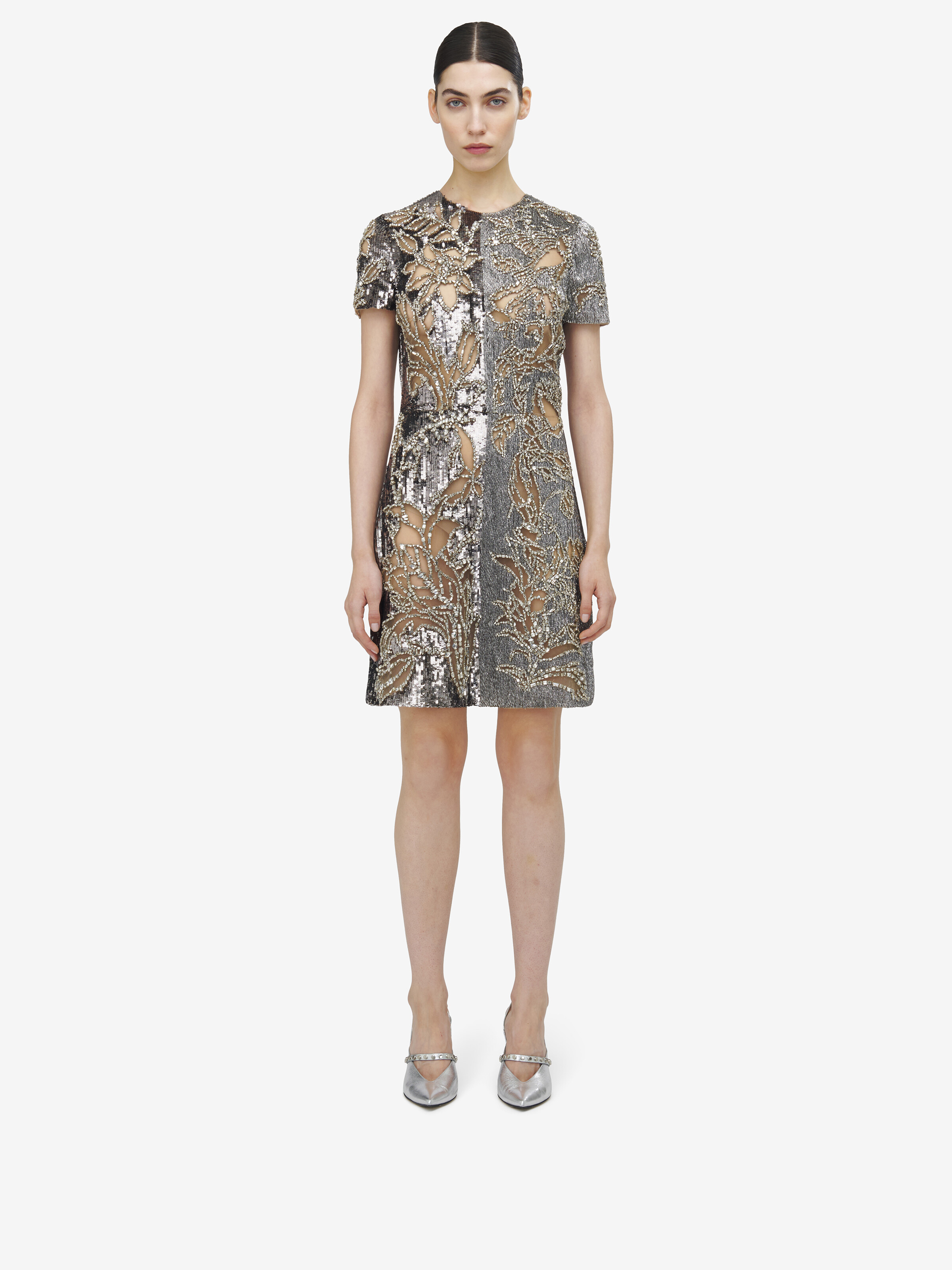 Women's Crystal Stencil Embroidery Mini Dress in Silver/Crystal in Polyamid | Alexander McQueen - image 2