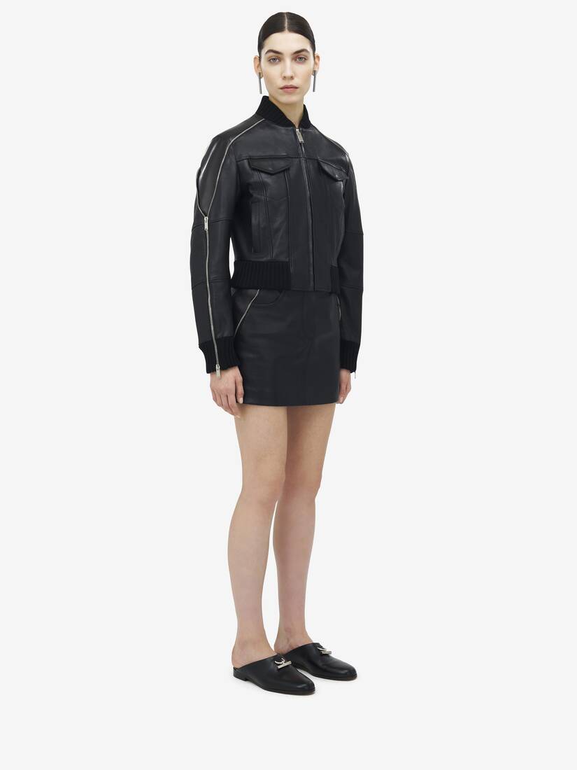 Zip Detail Leather Bomber Jacket