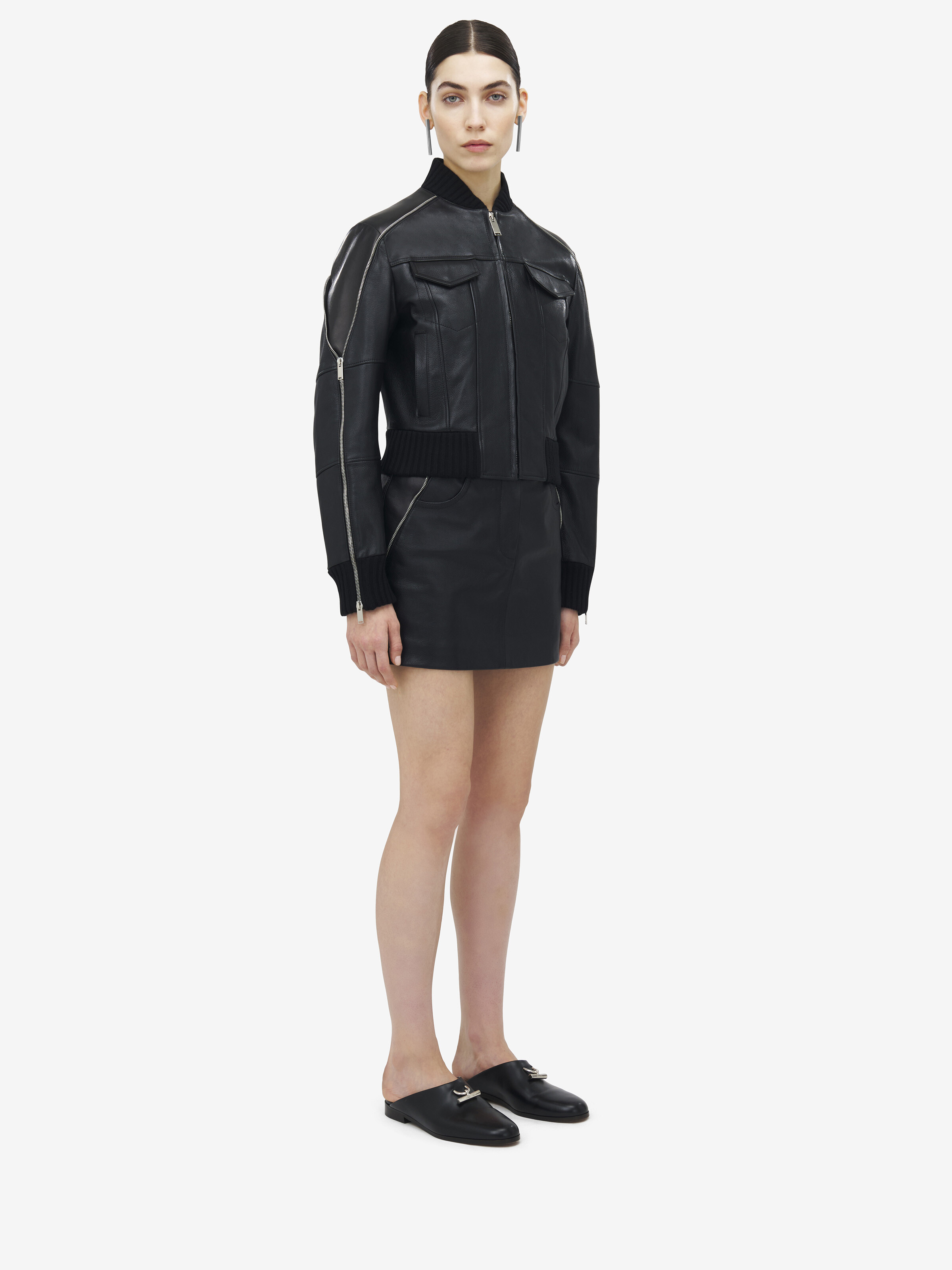 Zip Detail Leather Bomber Jacket