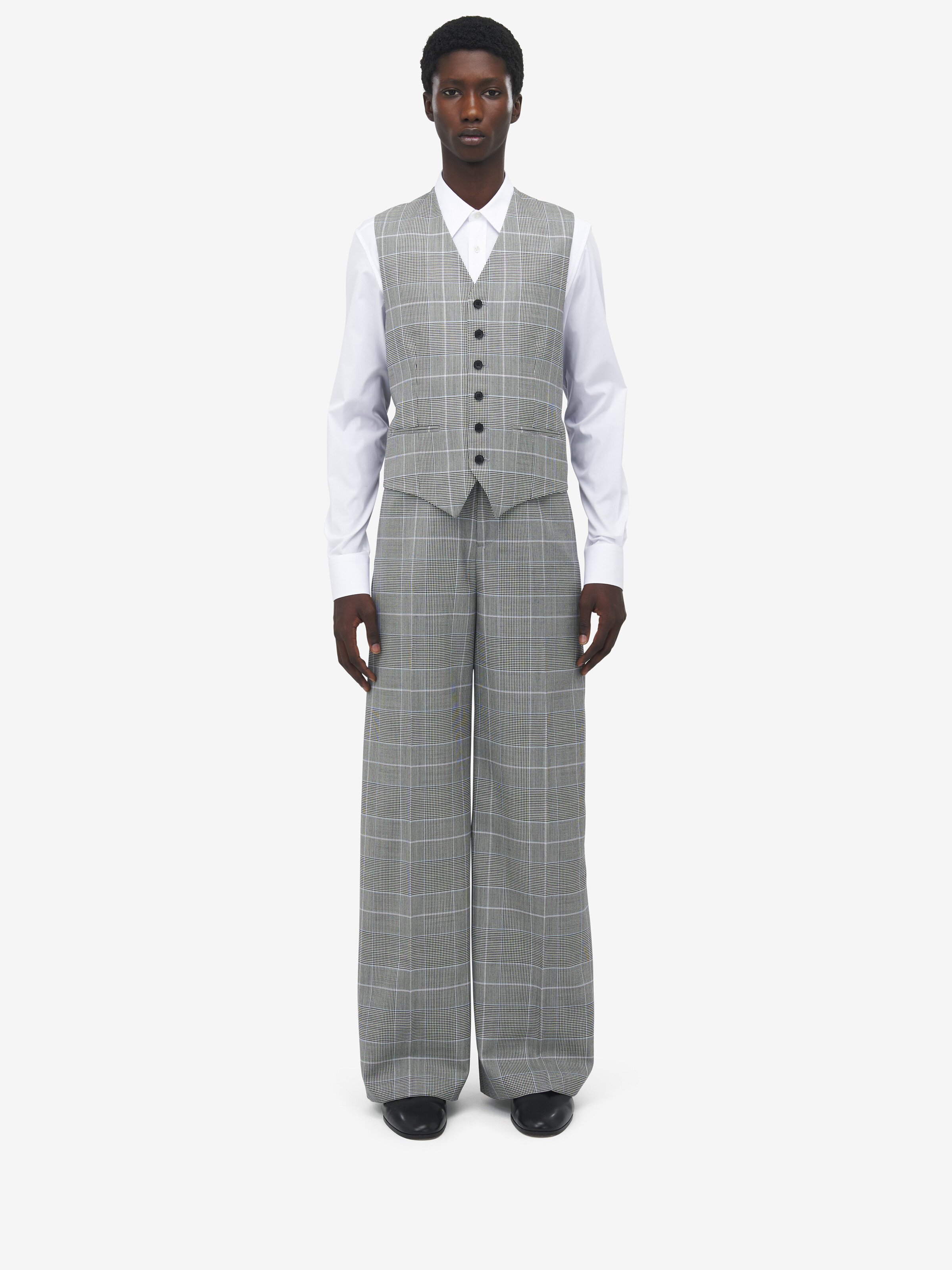 Men's Prince of Wales Waistcoat in Ivory/Black/Blue in 100% Wool | Alexander McQueen - image 3