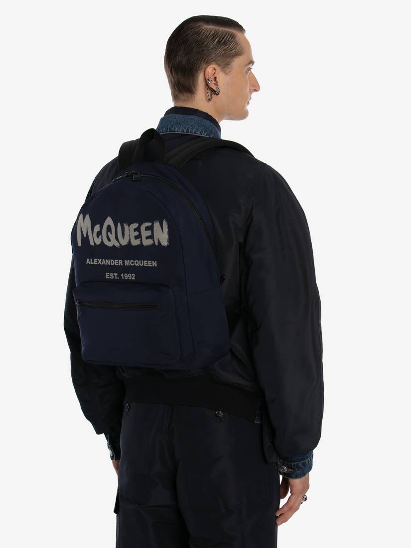 McQueen Graffiti Metropolitan Backpack in Navy | Alexander McQueen US