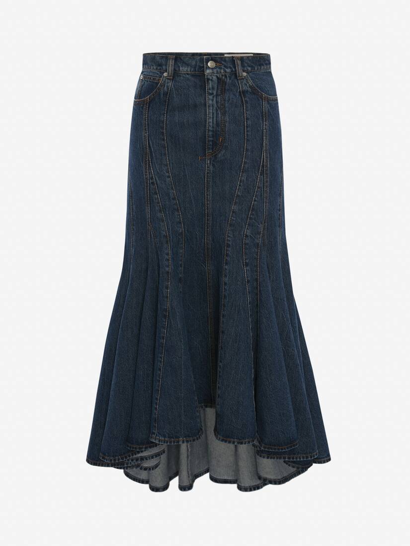 Denim Panelled Midi Skirt in Washed 