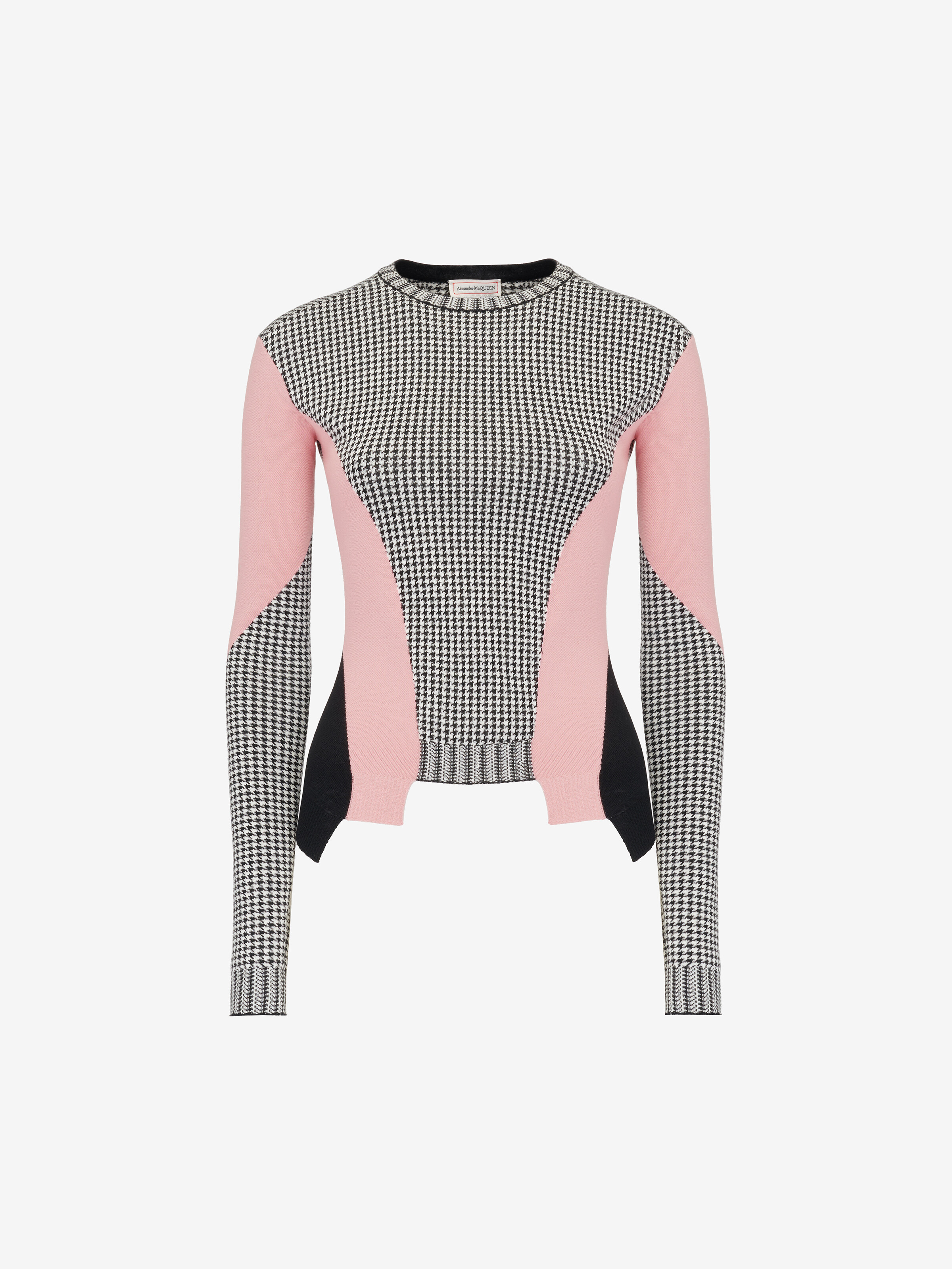 Women's Dogtooth Colour-Block Peplum Jumper in Black/White/Pink in 100% Wool | Alexander McQueen - image 2