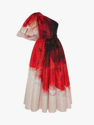 Asymmetric Draped sleeve Anemone print dress
