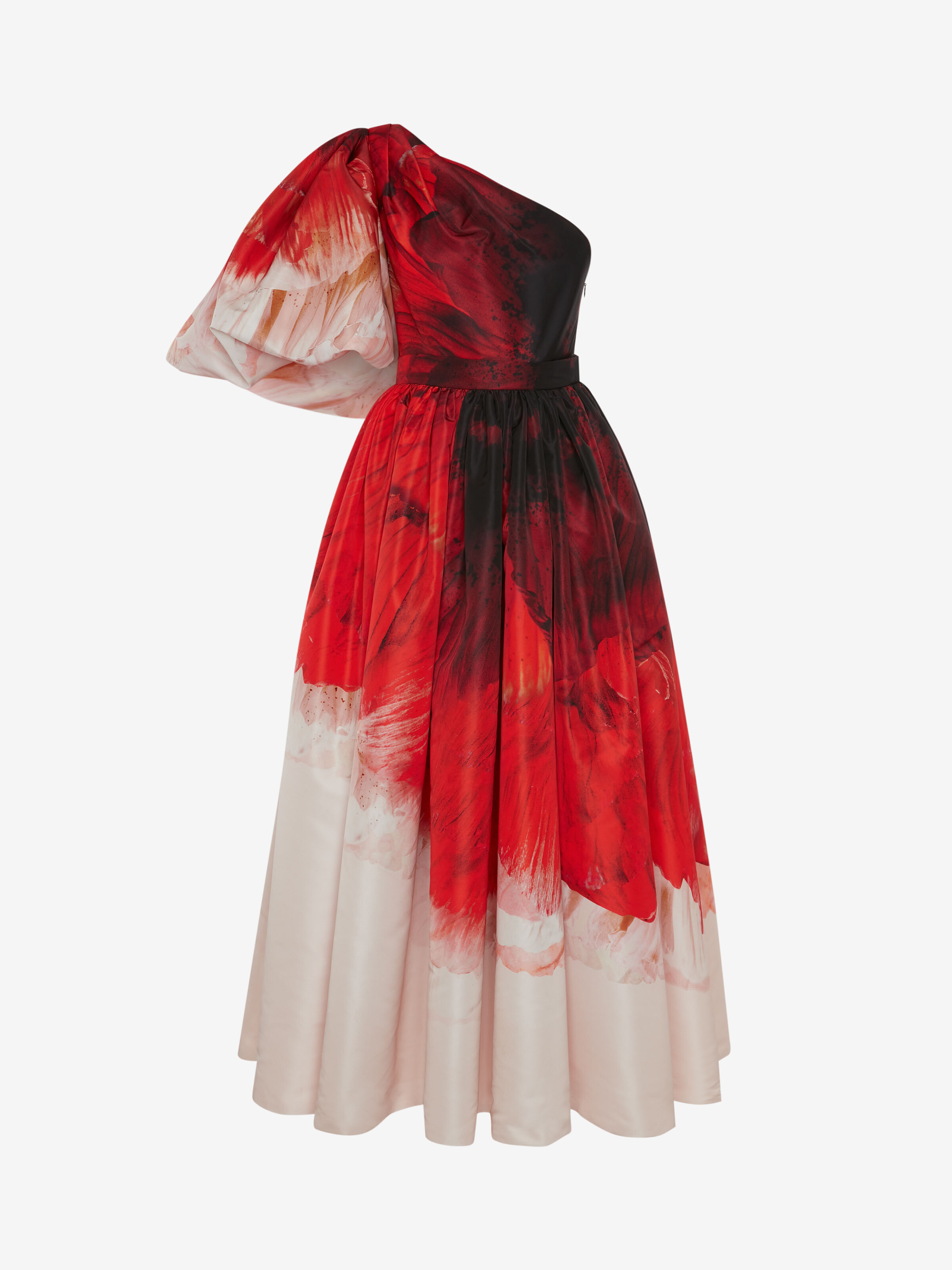 Alexander Mcqueen Asymmetric Draped Sleeve Anemone Print Dress In Red Mix Alexander Mcqueen Asymmetric Draped Sleeve Anemone Print Dress In Red Mix