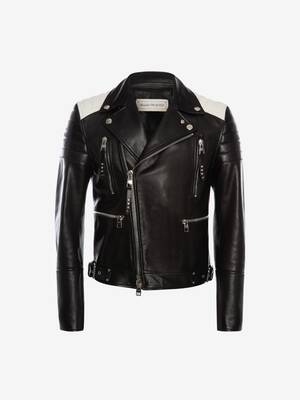 Leather Biker Jacket in Black/Off White | Alexander McQueen US