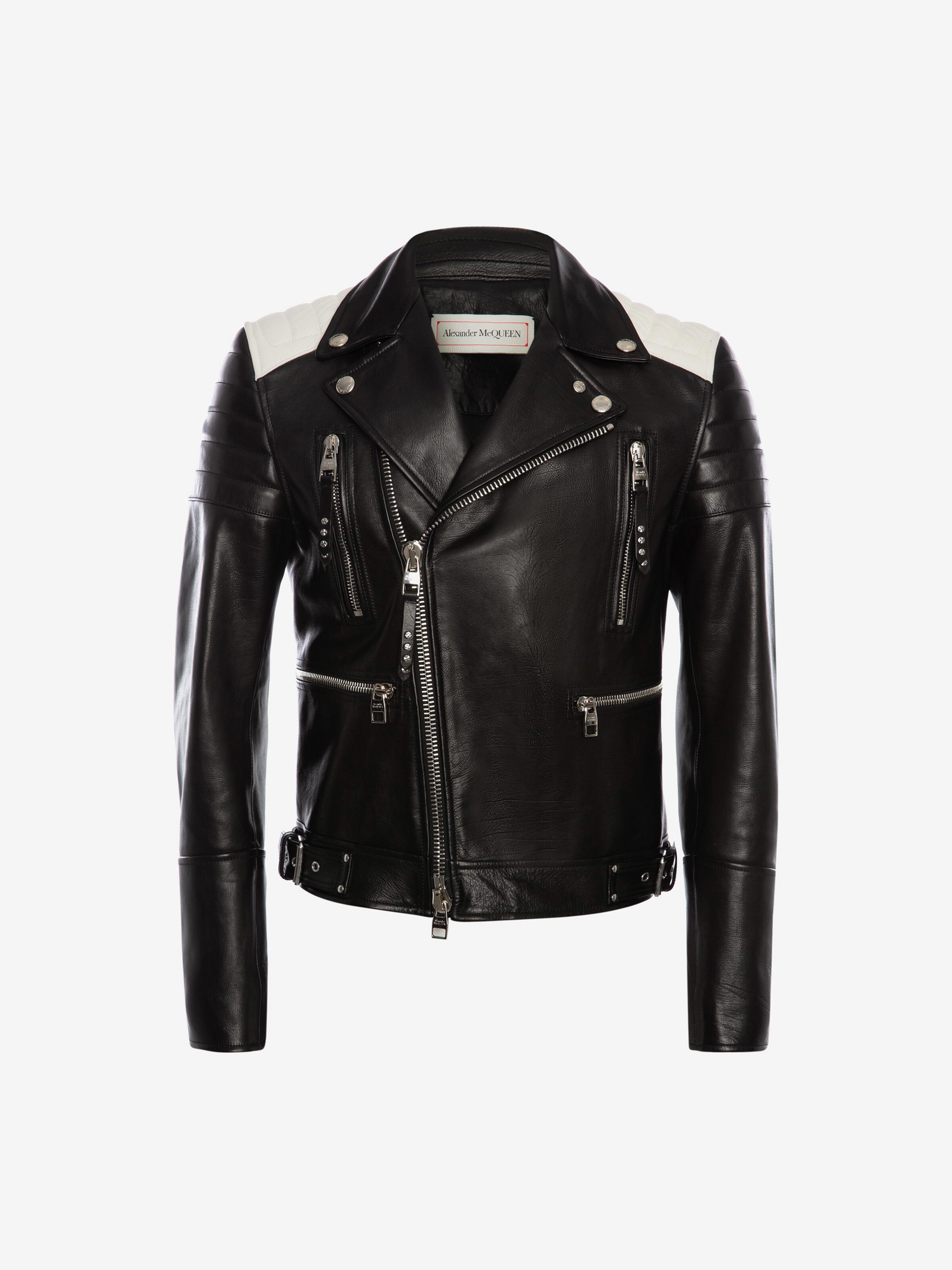 Leather Biker Jacket in Black/Off White 