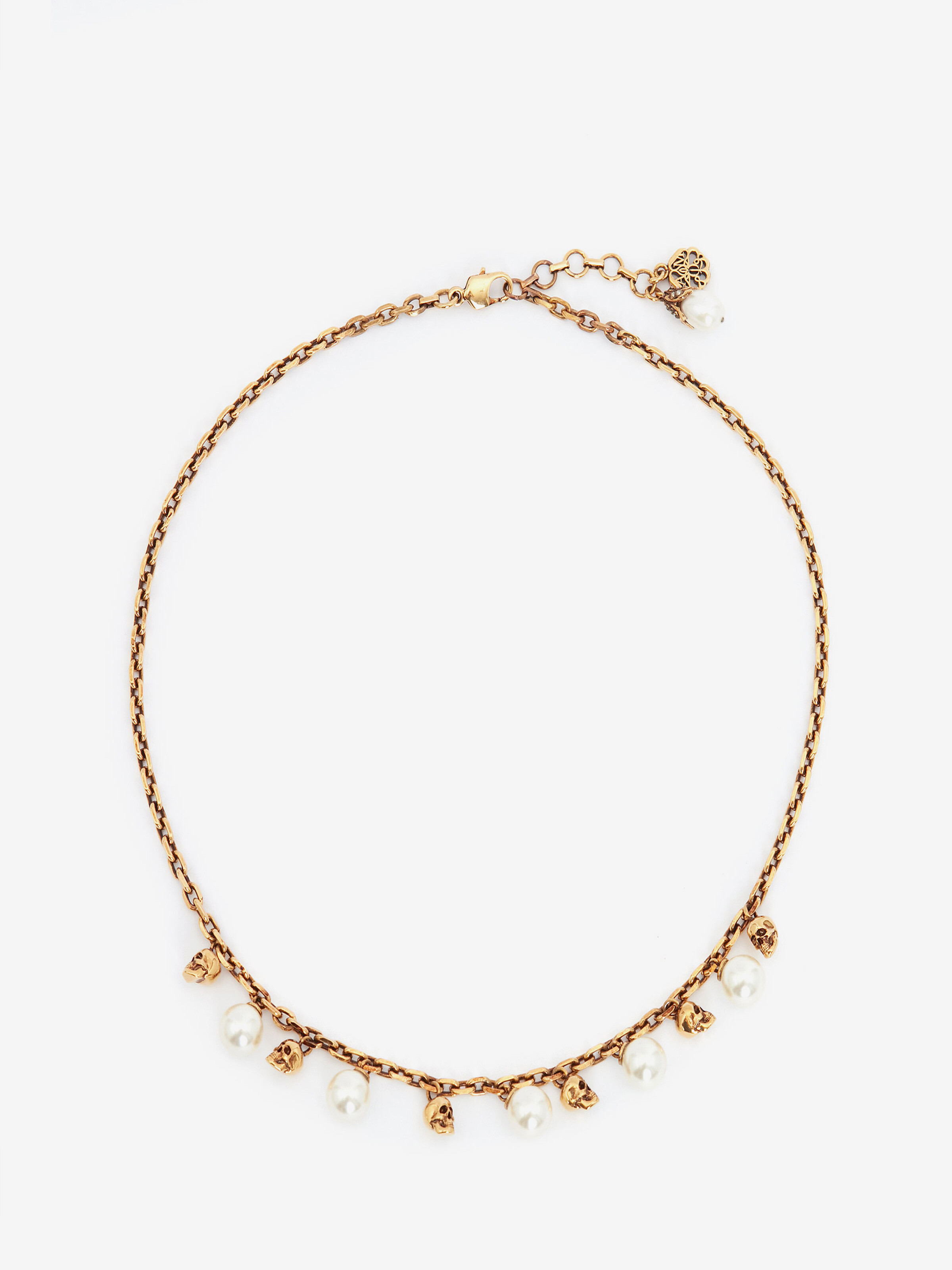Shop Alexander Mcqueen Pearly Skull Necklace In Antique Gold