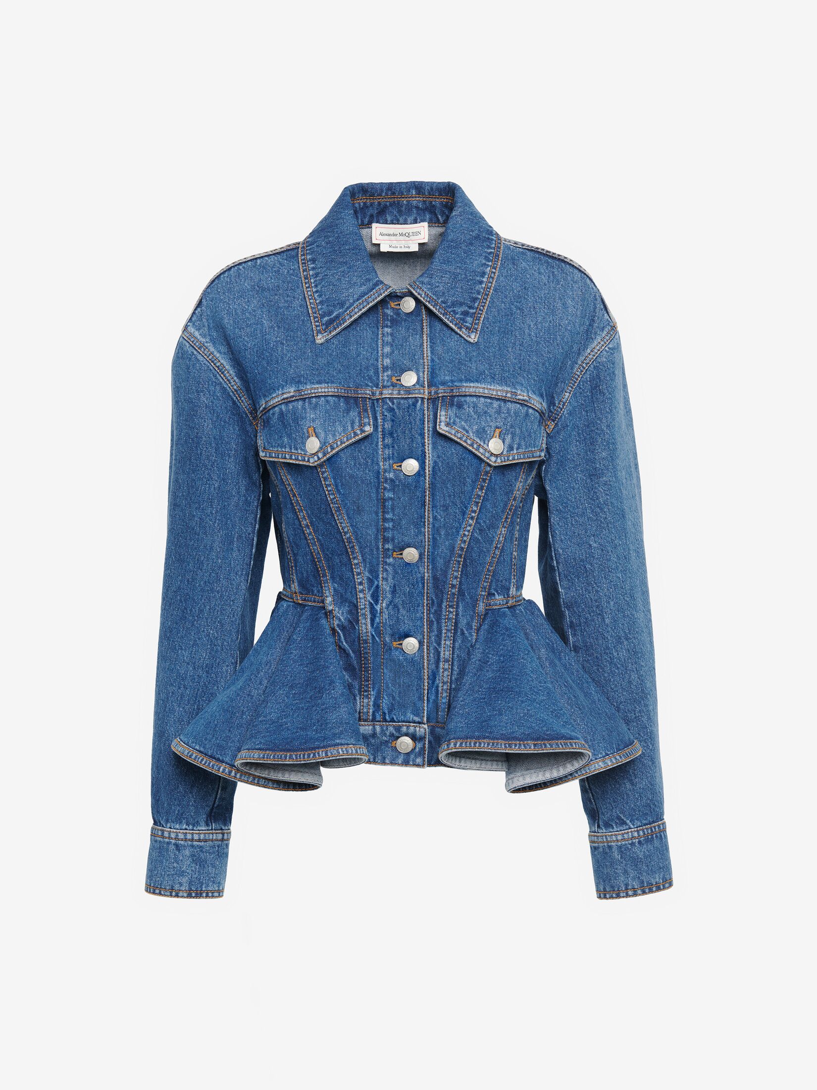 Peplum Denim Jacket in Stone Washed | Alexander McQueen US