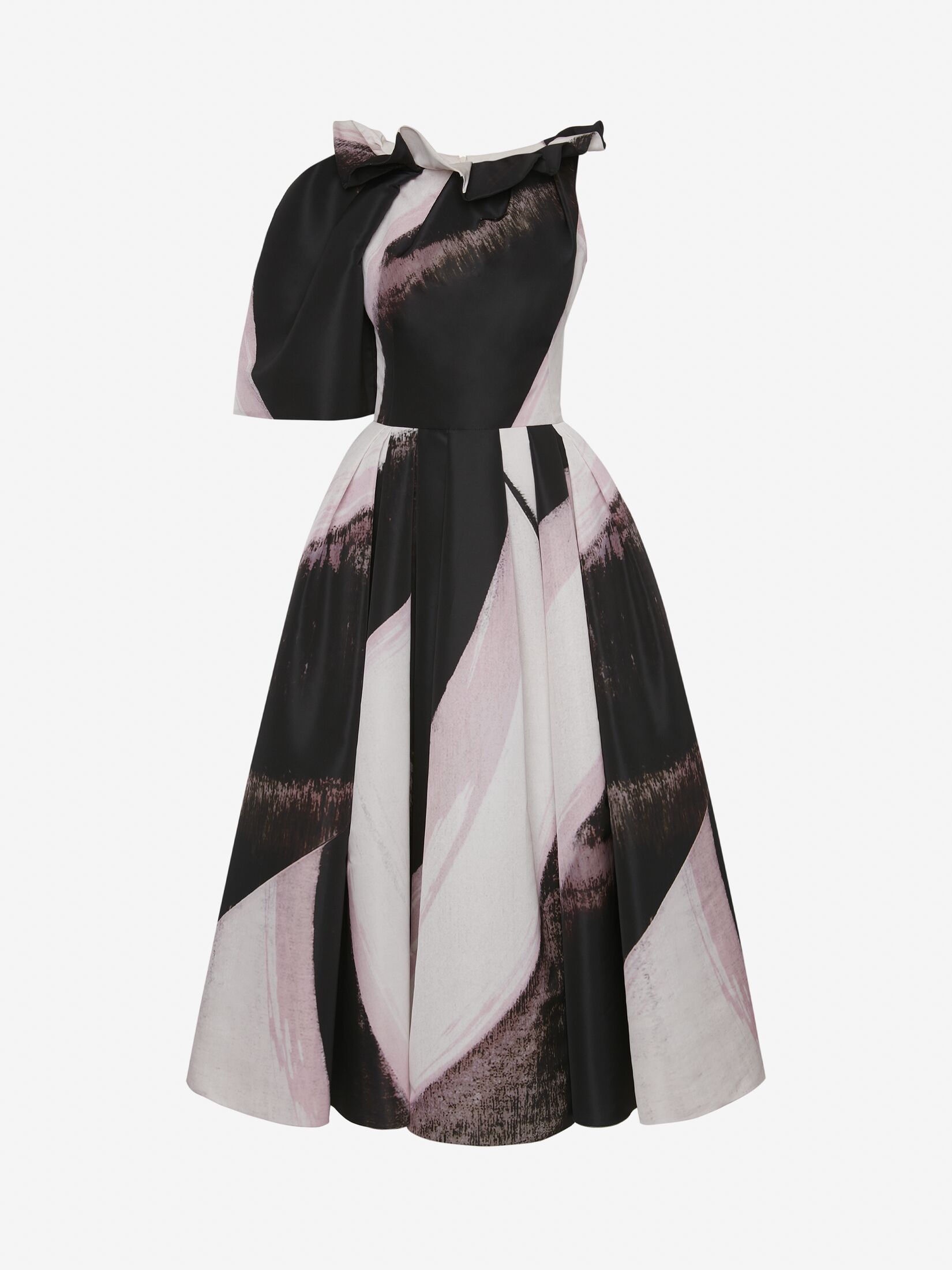 Graphic Brushstroke Asymmetric One-sleeve Dress in Black/Ivory ...