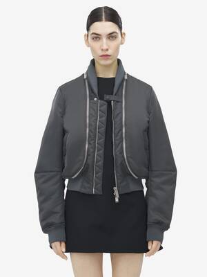 ブルゾン Alexander Mcqueen Grey Zipped Bomber Jacket Women's Zip Detail Bomber Jacket in Grey & Silver
