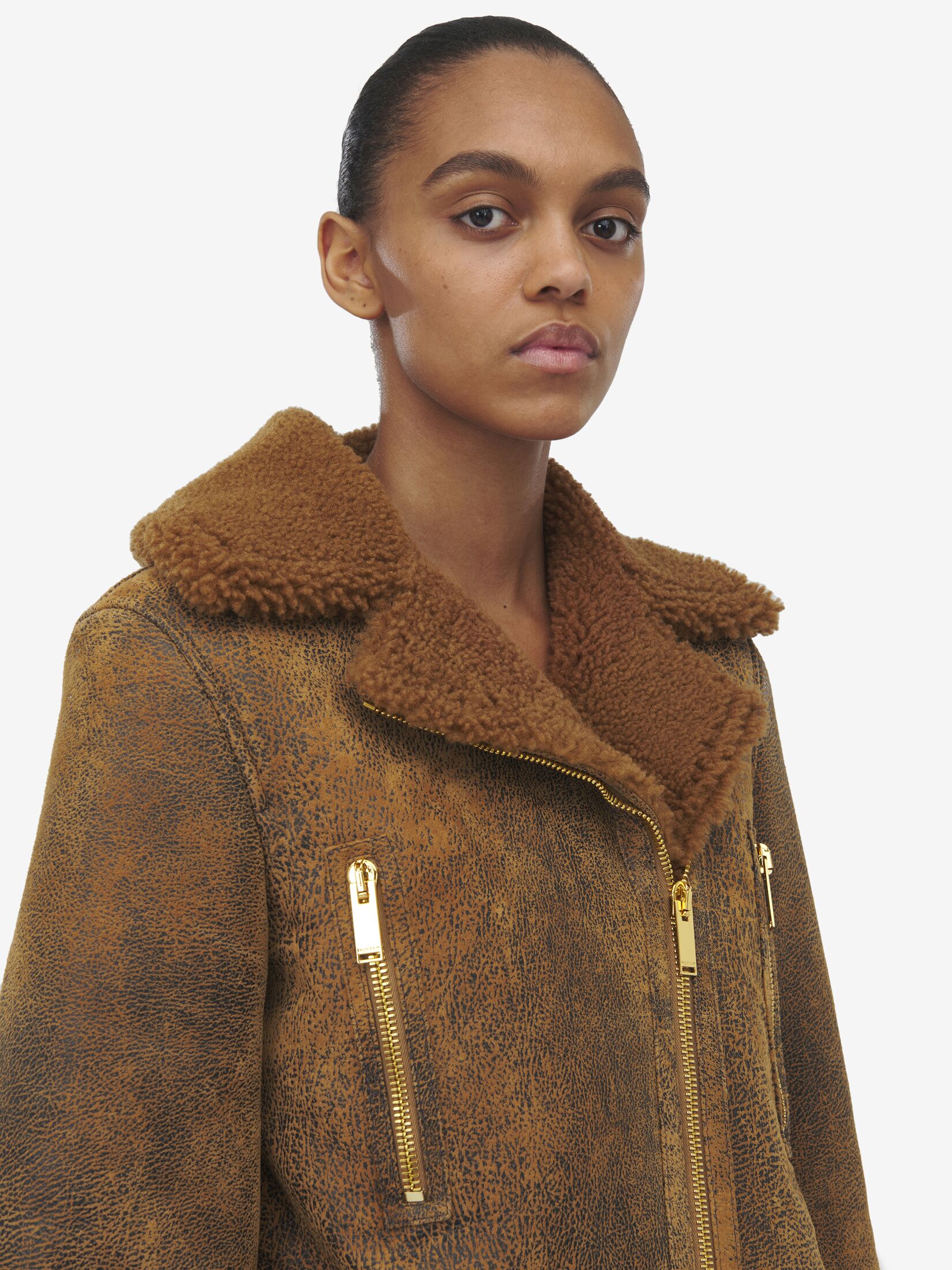 Shearling Aviator Jacket Ginger/Dark Brown for Women | Alexander McQueen