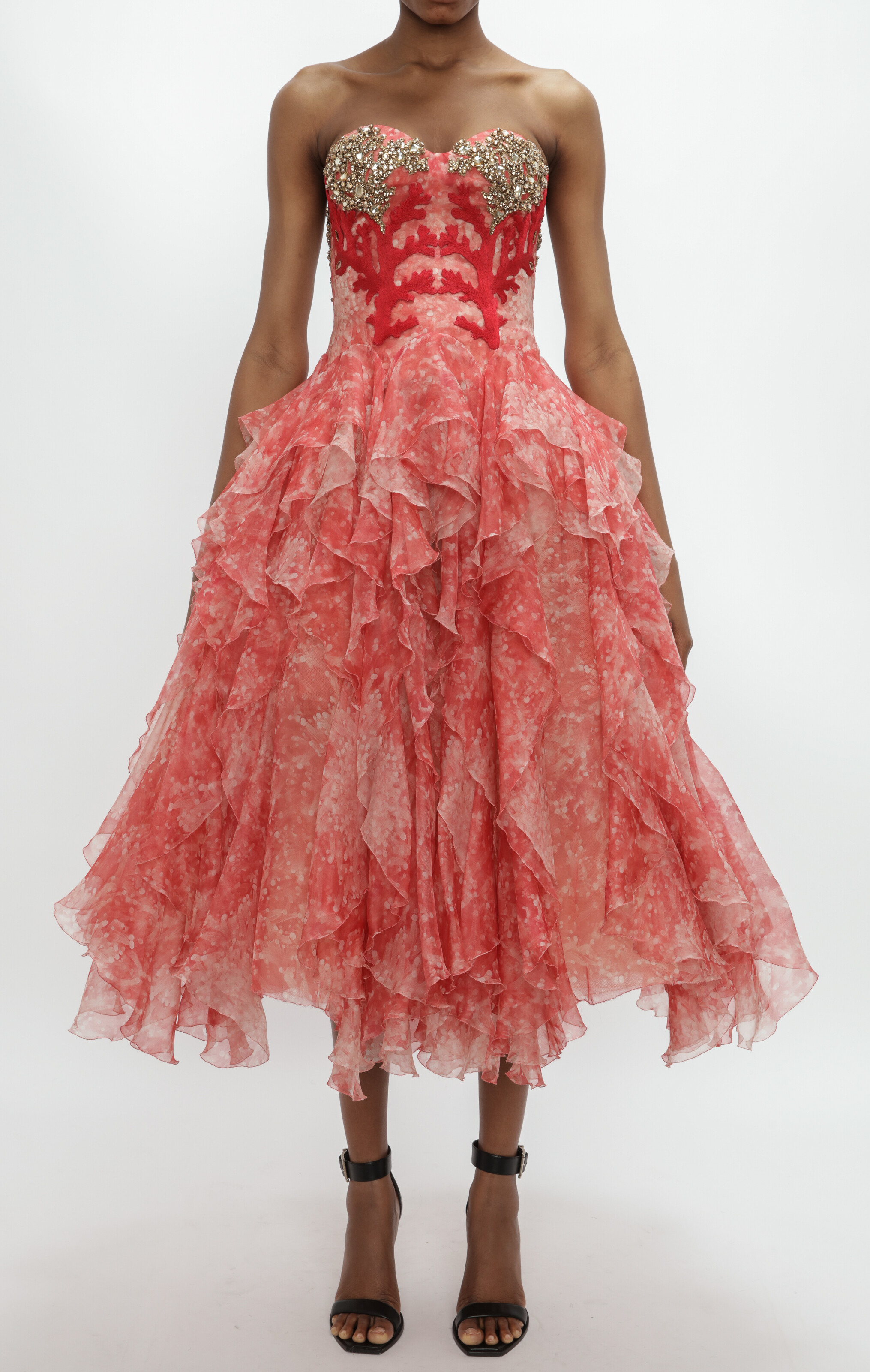 Women's Embroidered ruffled dress in Red in 100% Silk | Alexander McQueen - image 3