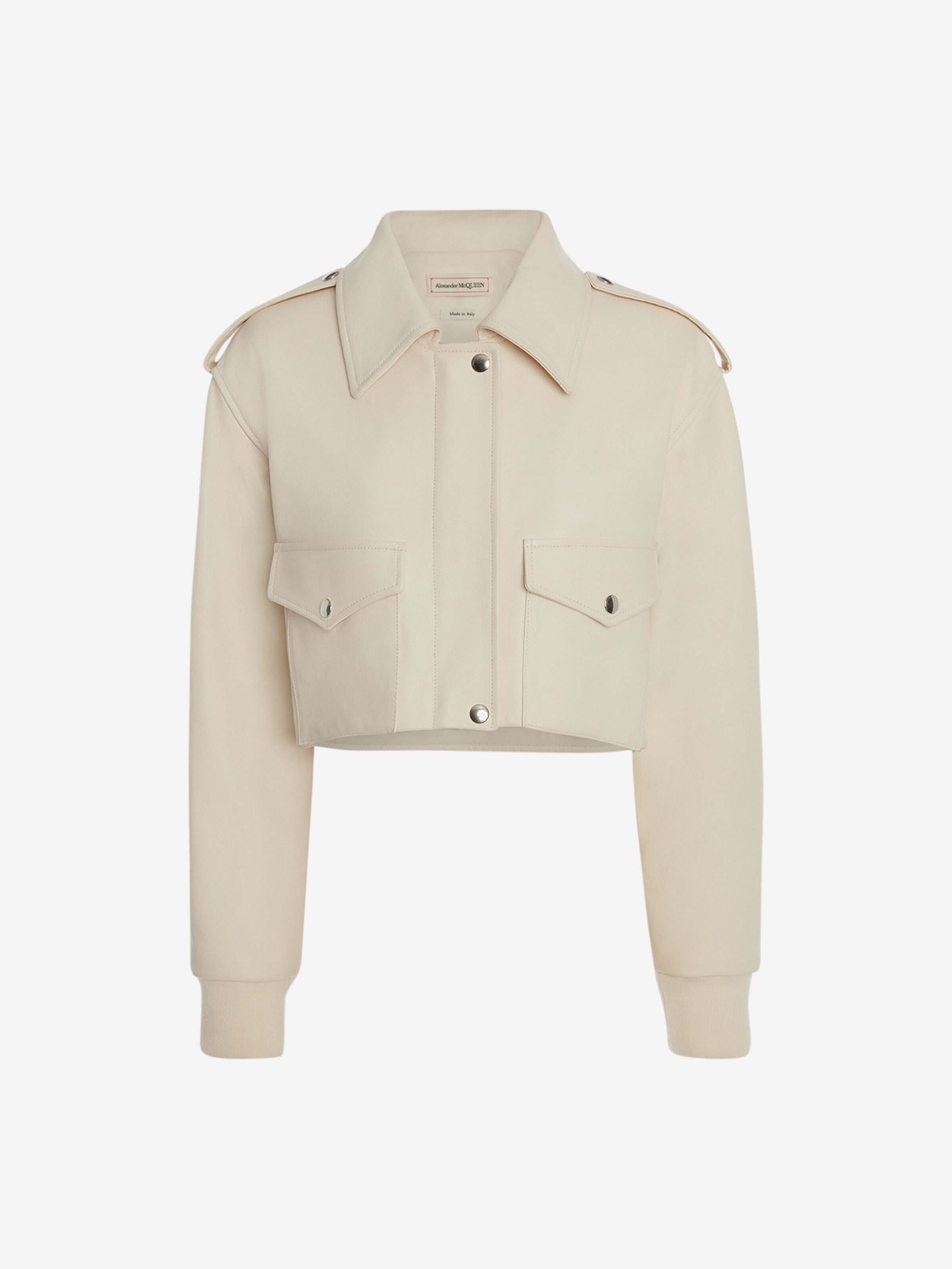 Alexander Mcqueen Crop Leather Utility Jacket In Ivory | ModeSens