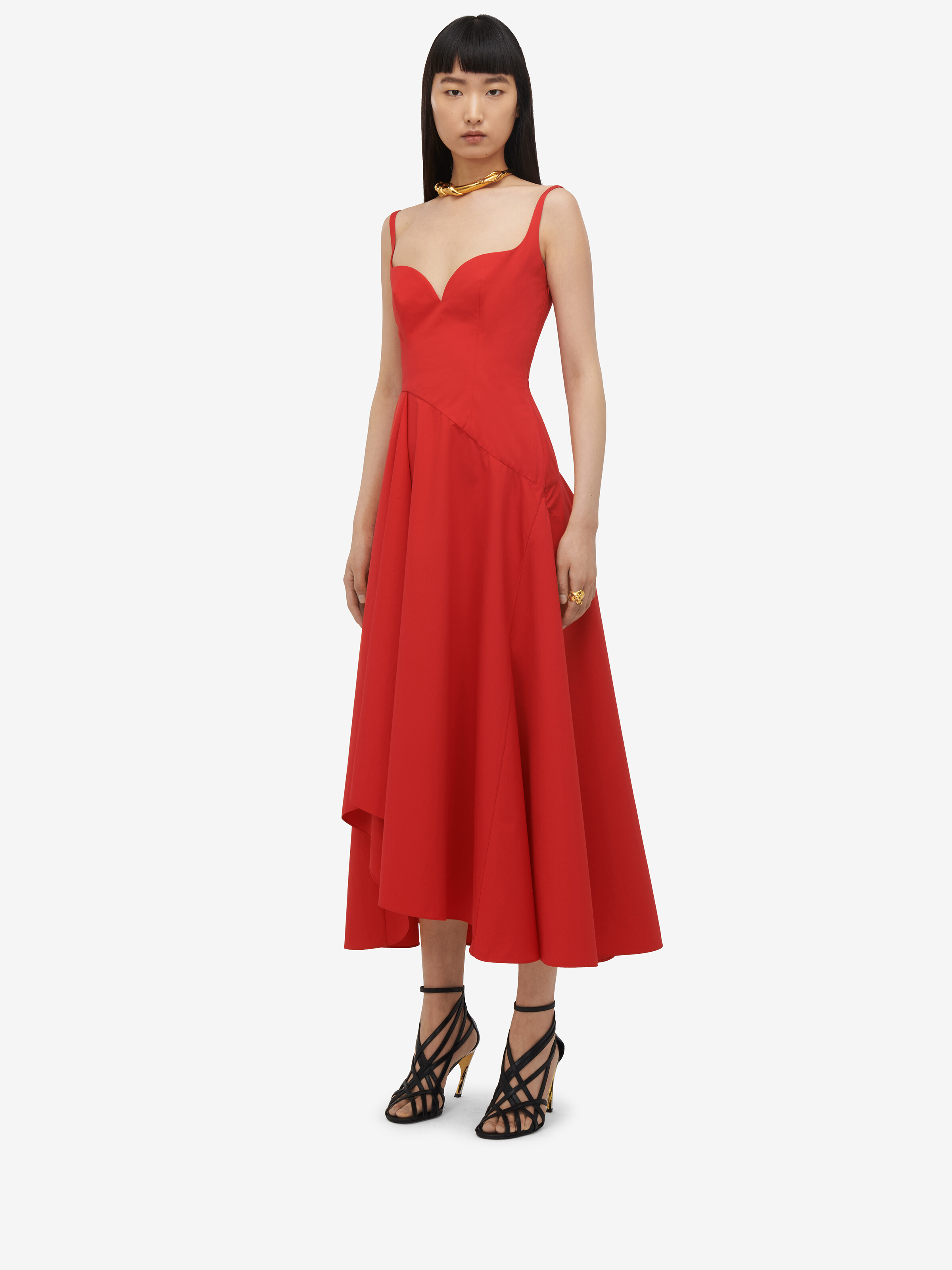 Sweetheart Neckline Midi Dress Lust Red for Women | Alexander McQueen