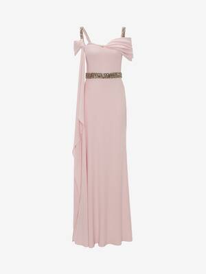 Embroidered Scarf Drape Evening Dress
