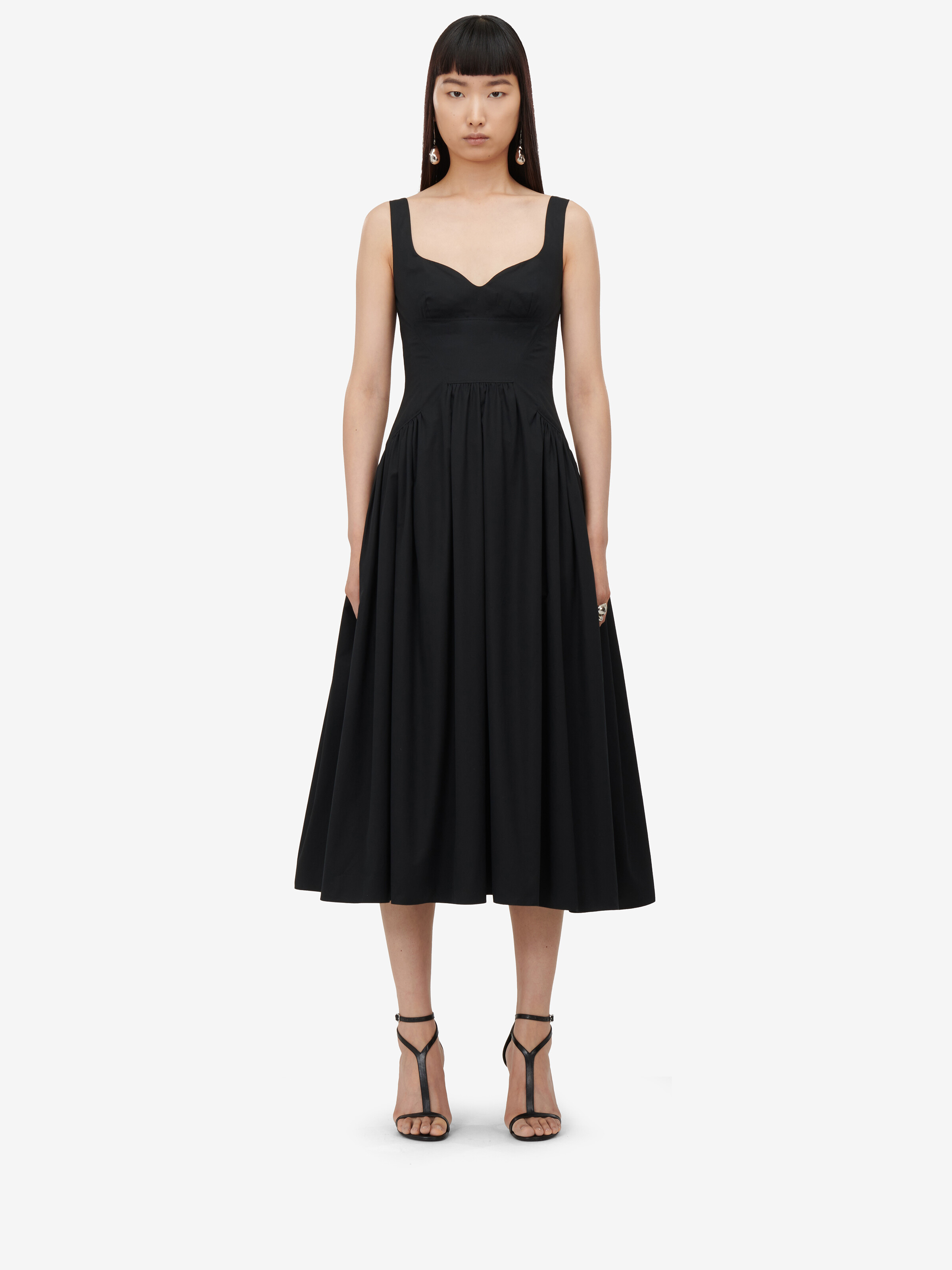 Robe midi, à encolure en cœur pour Femme en Noir in 100% Coton | Alexander McQueen - image 1