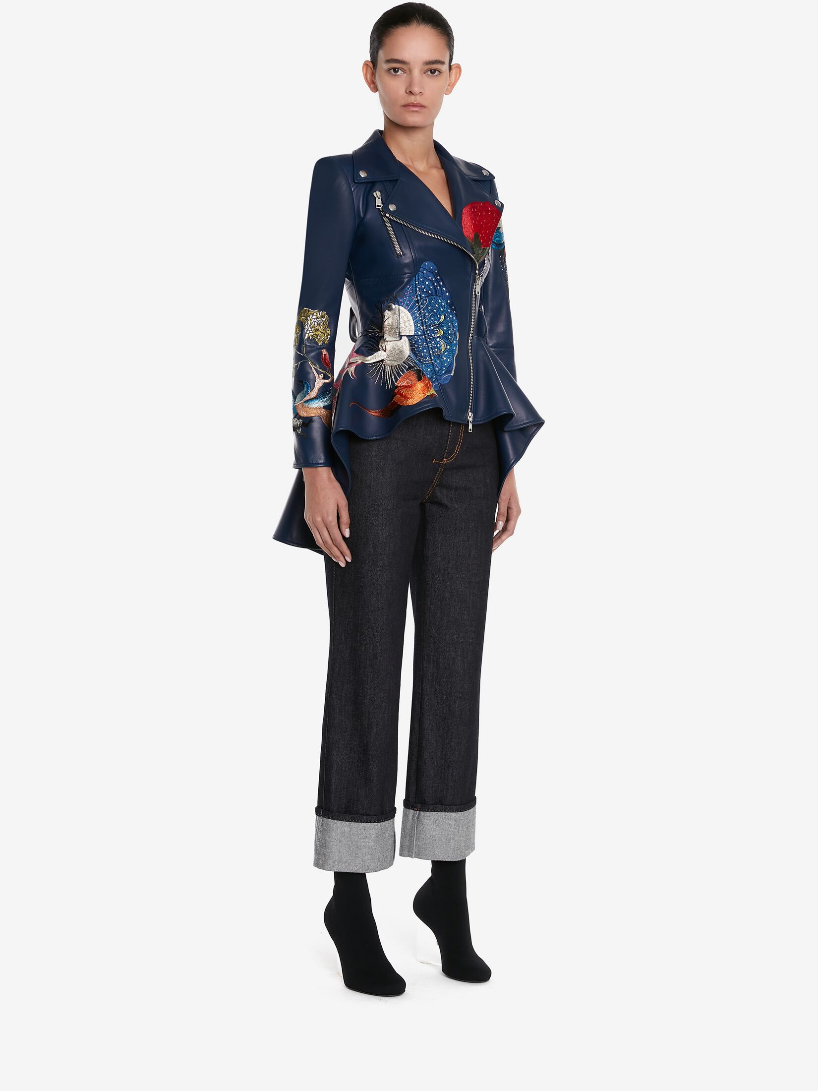 Hieronymus Bosch Leather Peplum Jacket in Midnight Blue