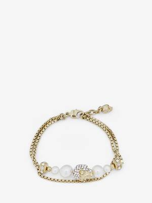 Women's Skull and Pearl Chain Bracelet in Pale Gold-finish