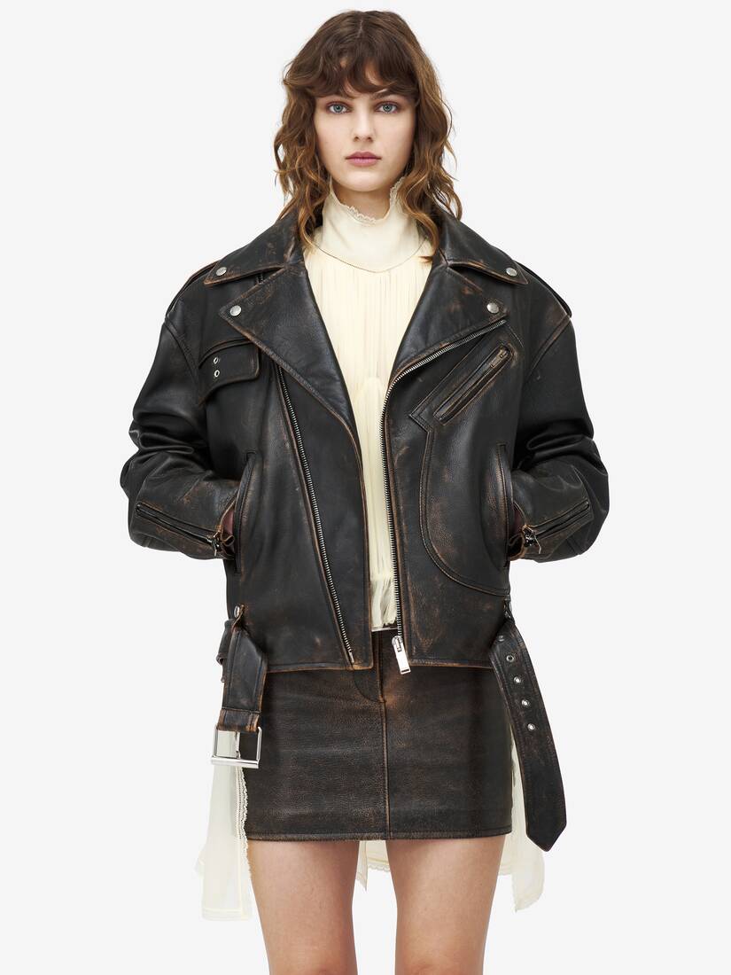 Veste Biker En Cuir Vieilli Oversize