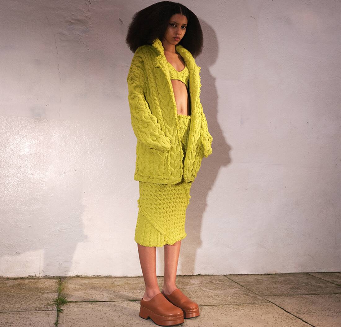 Lime knit cardigan and skirt