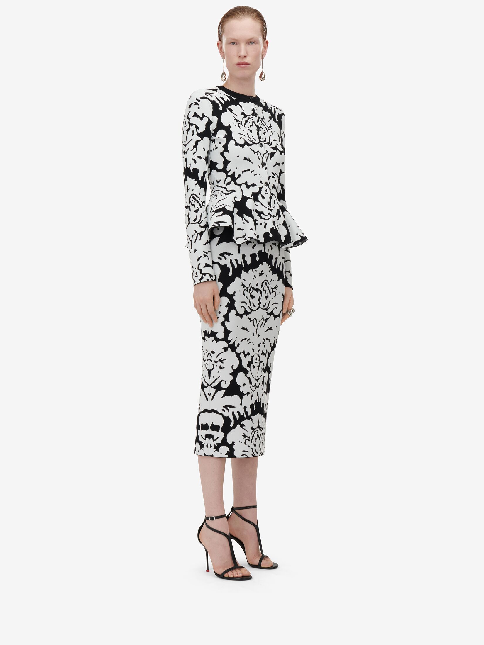 Damask Jacquard Mini Dress in Black/White | Alexander McQueen US