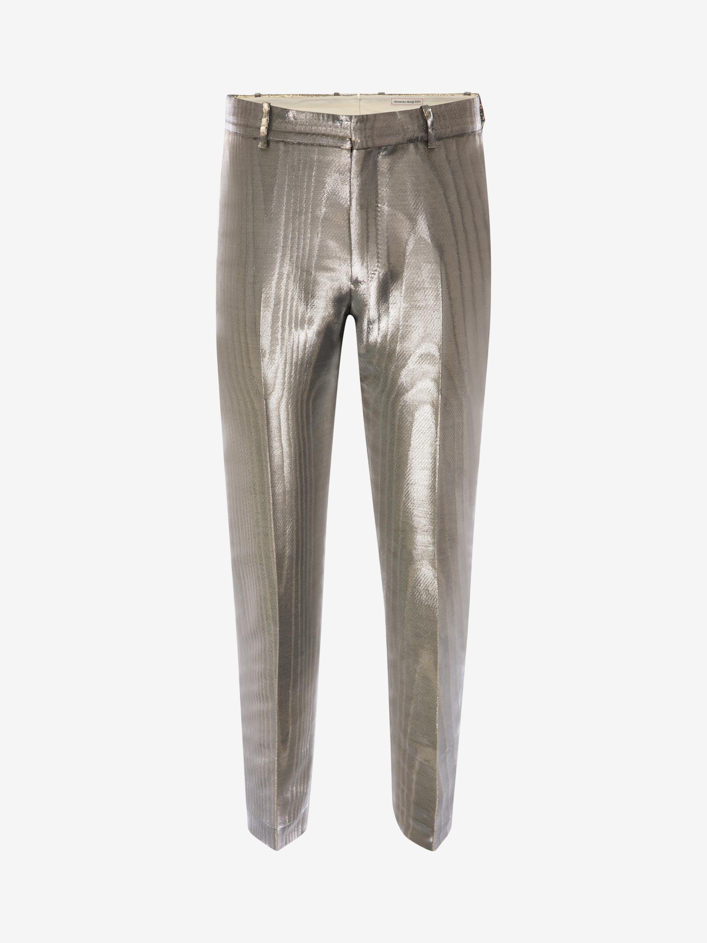 Alexander Mcqueen Metallic Moiré Cigarette Trousers In Silver