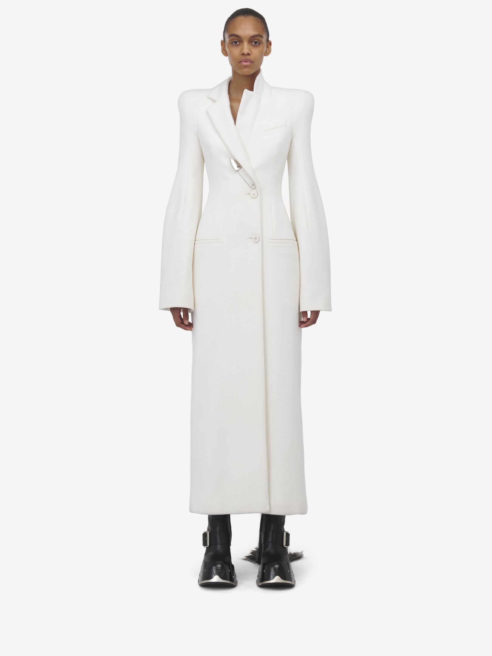 Moulded Shoulder Double-breasted Coat Ivory for Women | Alexander McQueen