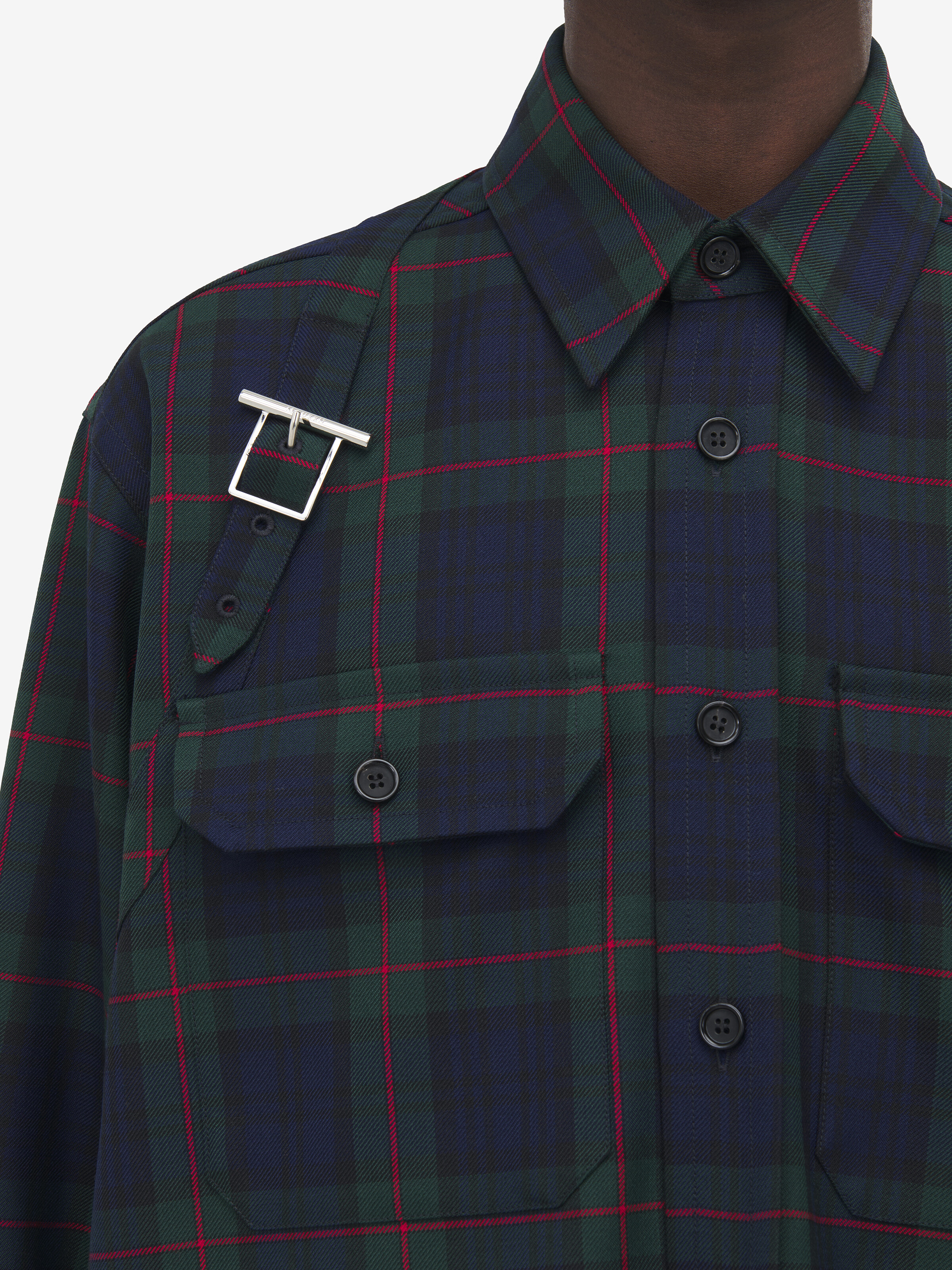 Men's Tartan T-Bar Harness Overshirt in Black/Navy/Green in 55% Polyester, 45% Wool | Alexander McQueen - image 6