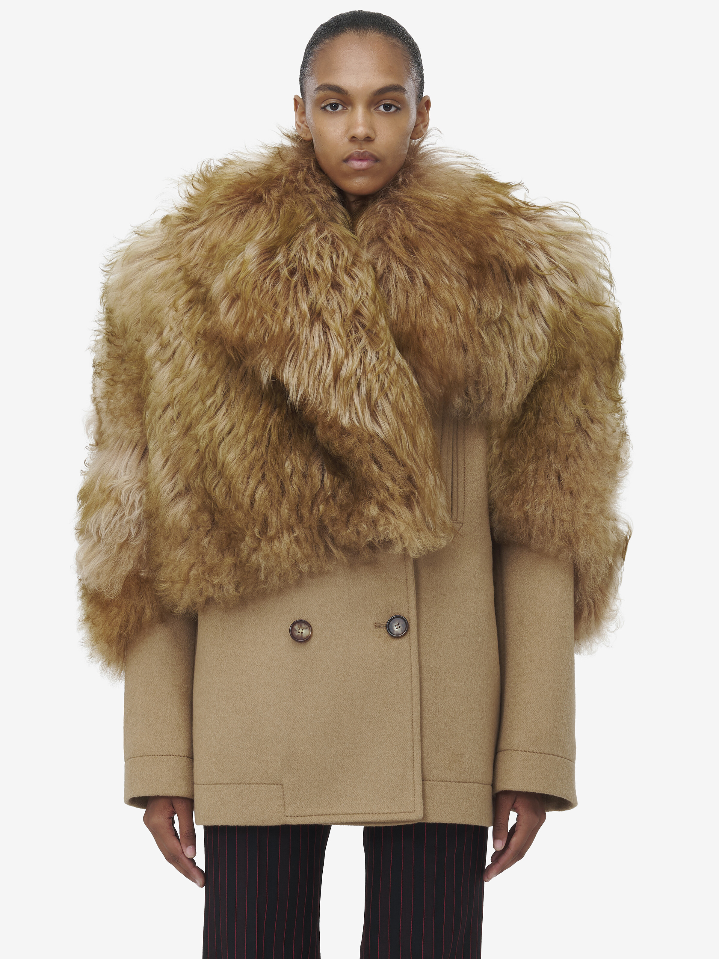 Alexander Mcqueen Shearling Stole Wool Peacoat In Camel