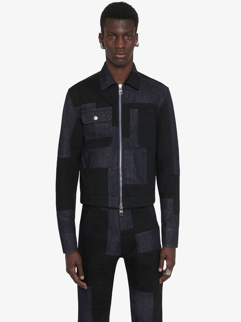Patchwork Denim Jacket in Indigo/Black | Alexander McQueen US