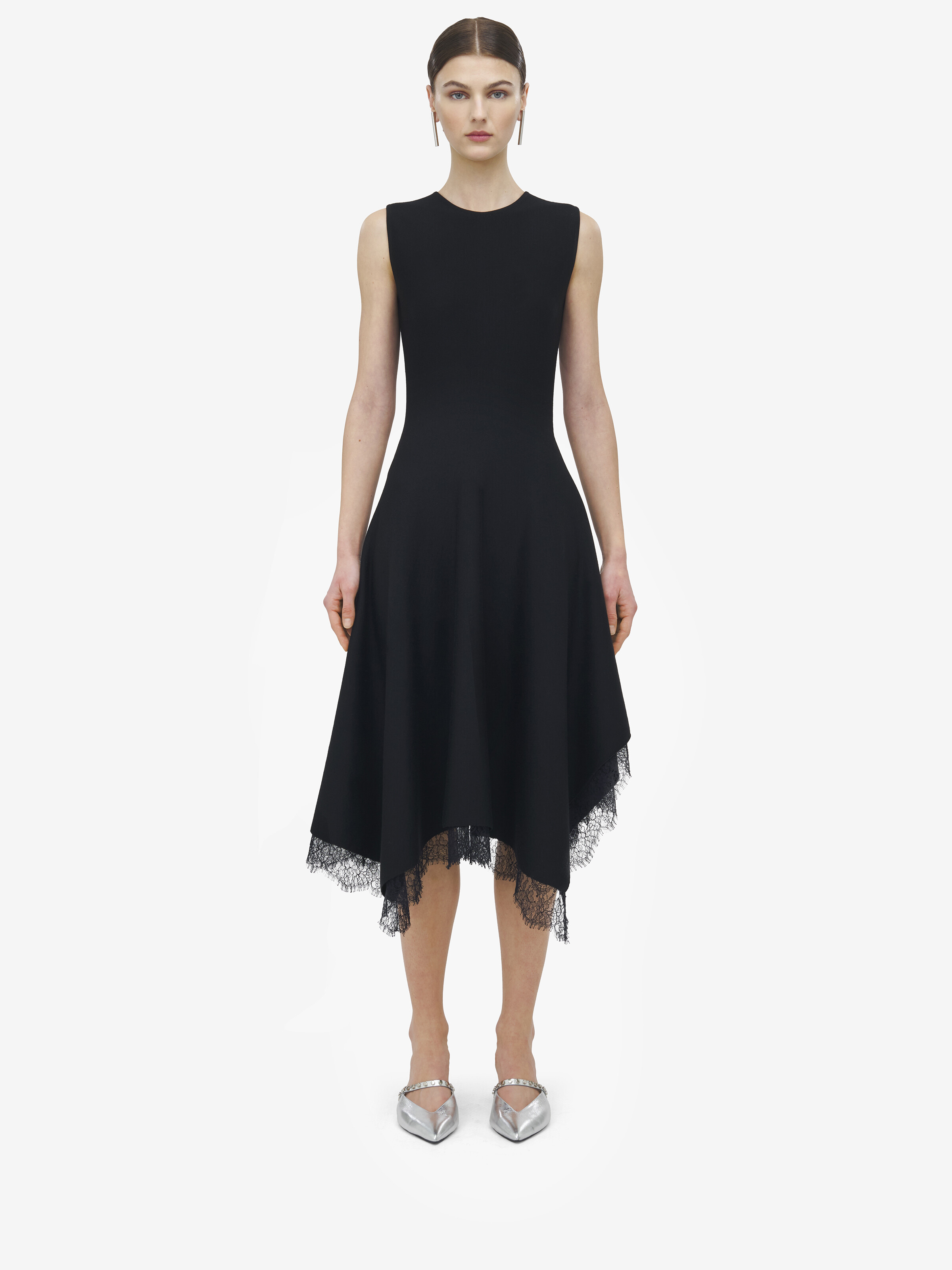Women's Lace Detail Asymmetric Dress in Black in 46% Viscose, 45% Wool, 8% Polyamide, 1% Elastane | Alexander McQueen - image 2