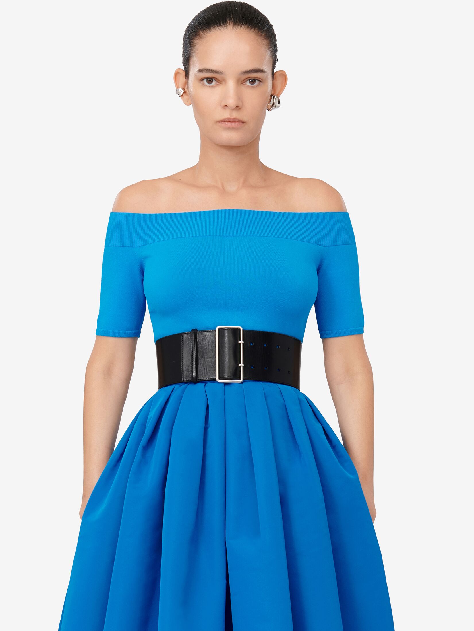 Off-the-shoulder Knit Top in Lapis Blue | Alexander McQueen FI