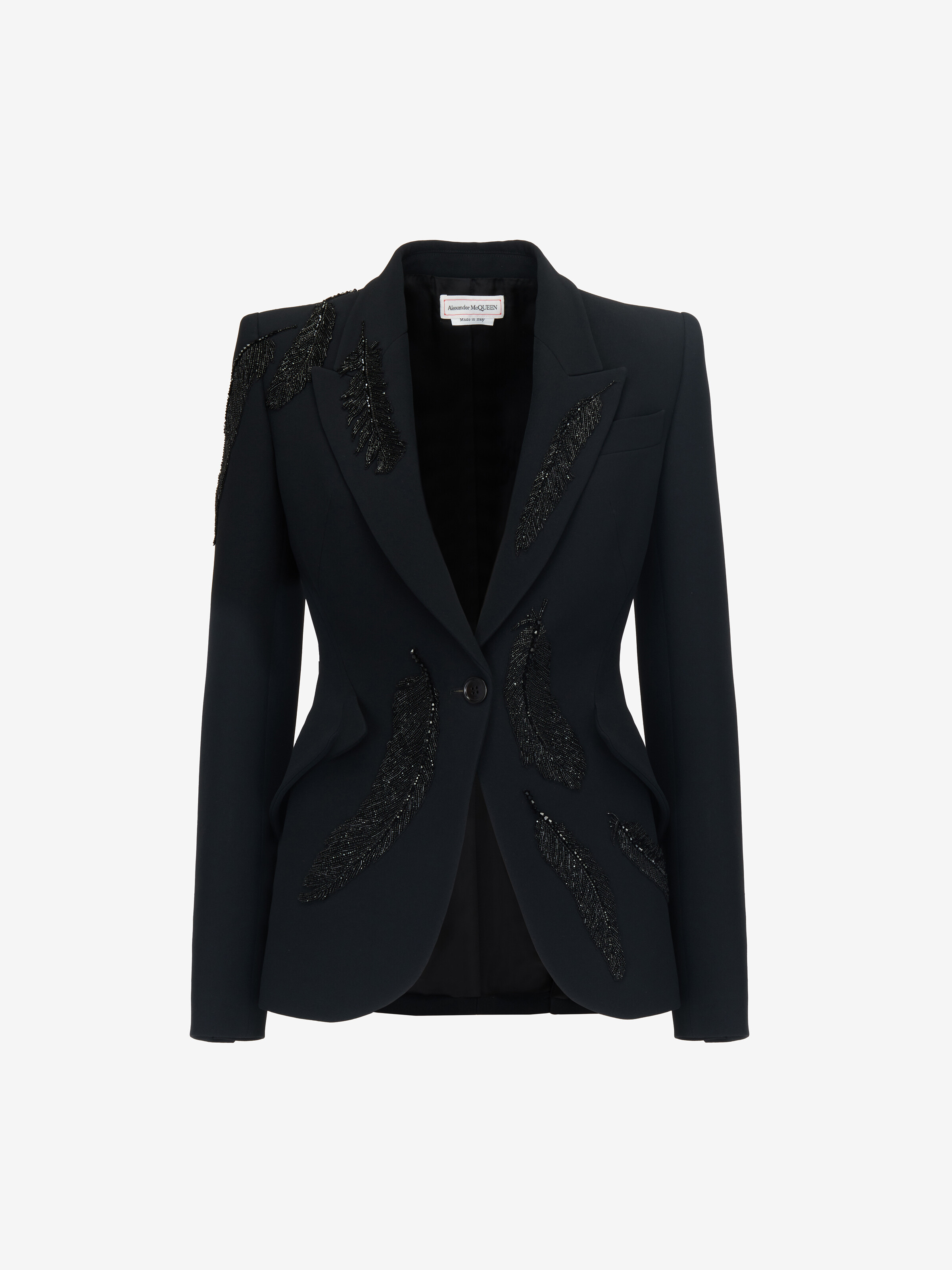 Feather Embroidery Peak Shoulder Jacket in Black | Alexander McQueen US