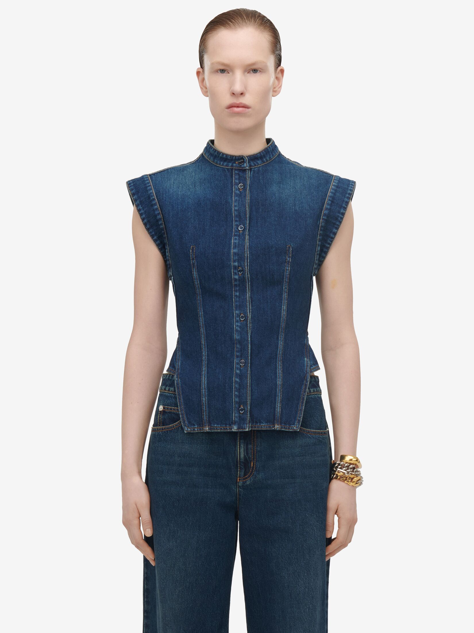 Chemise en denim à mancherons