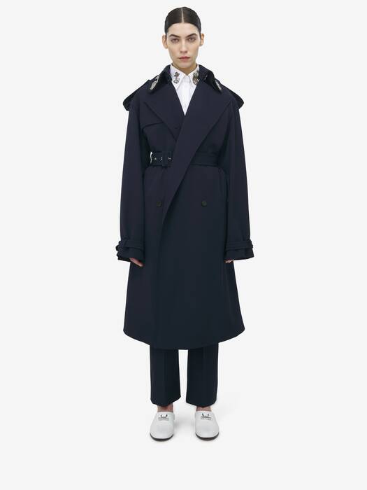 トレンチコート ALEXANDER MCQUEEN MIDNIGHT BLUE WOOL TRENCH COAT Women's Oversized Lapel Deconstructed Trench Coat in Blue