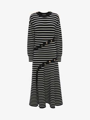 Button Stripe Knit Midi Dress