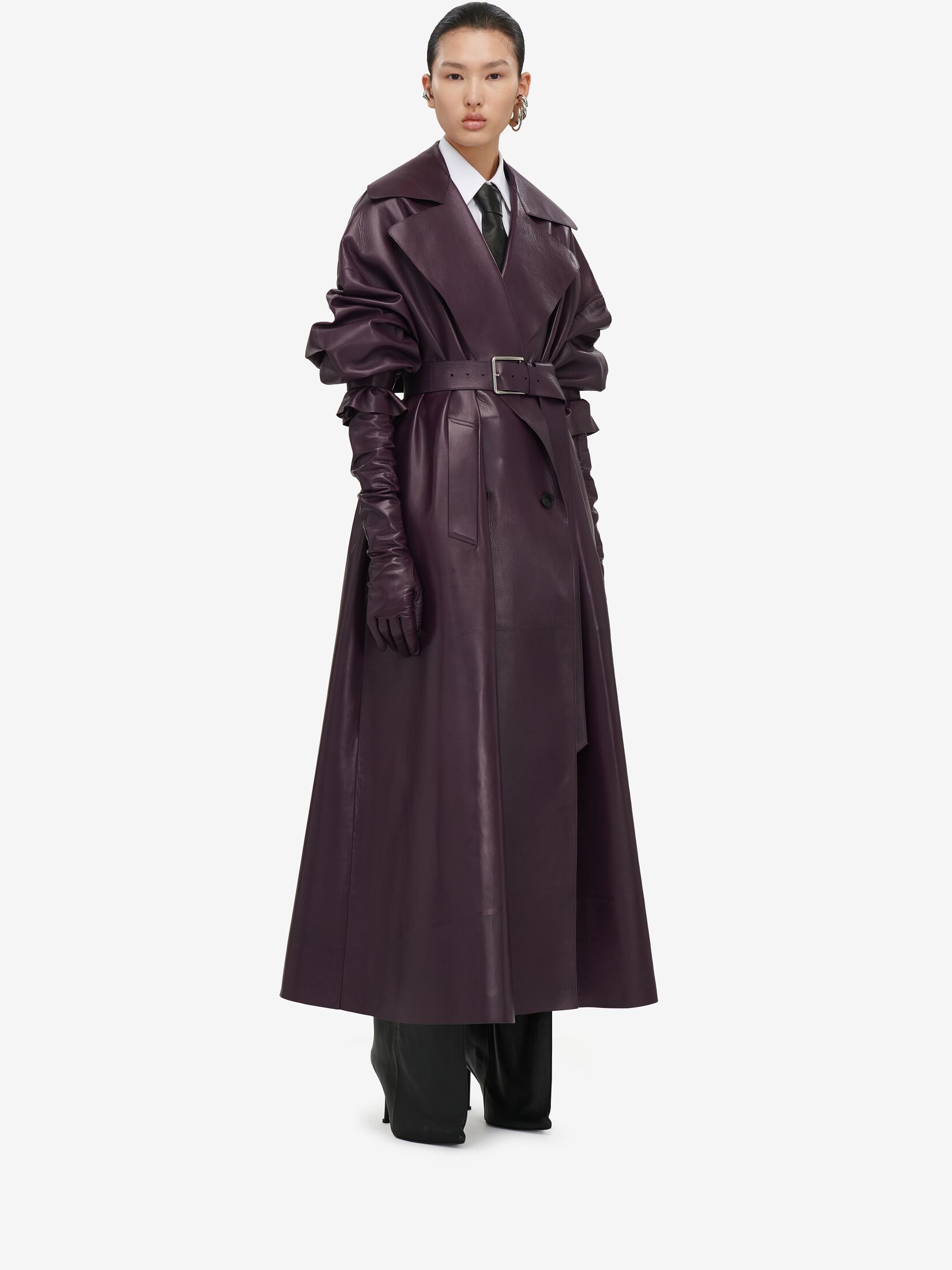 Trench-coat En Cuir À Manches Cocon