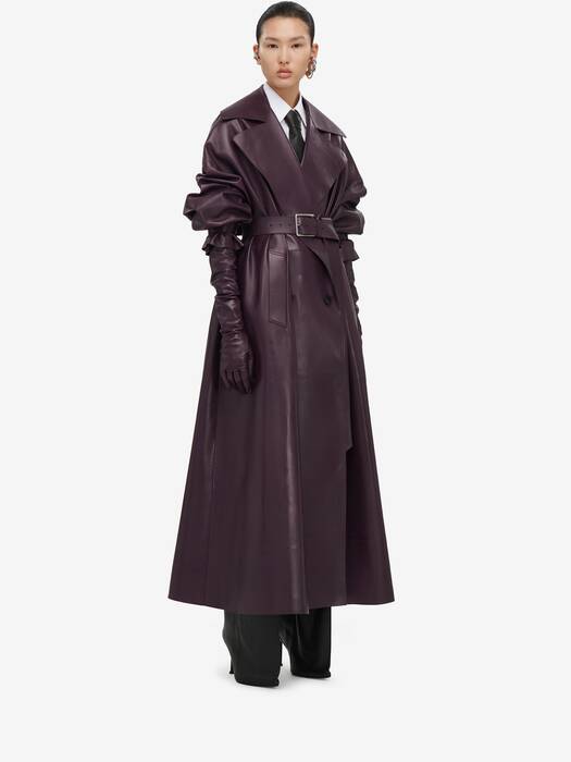 Cocoon Sleeve Leather Trench Coat in Night Shade | Alexander McQueen US
