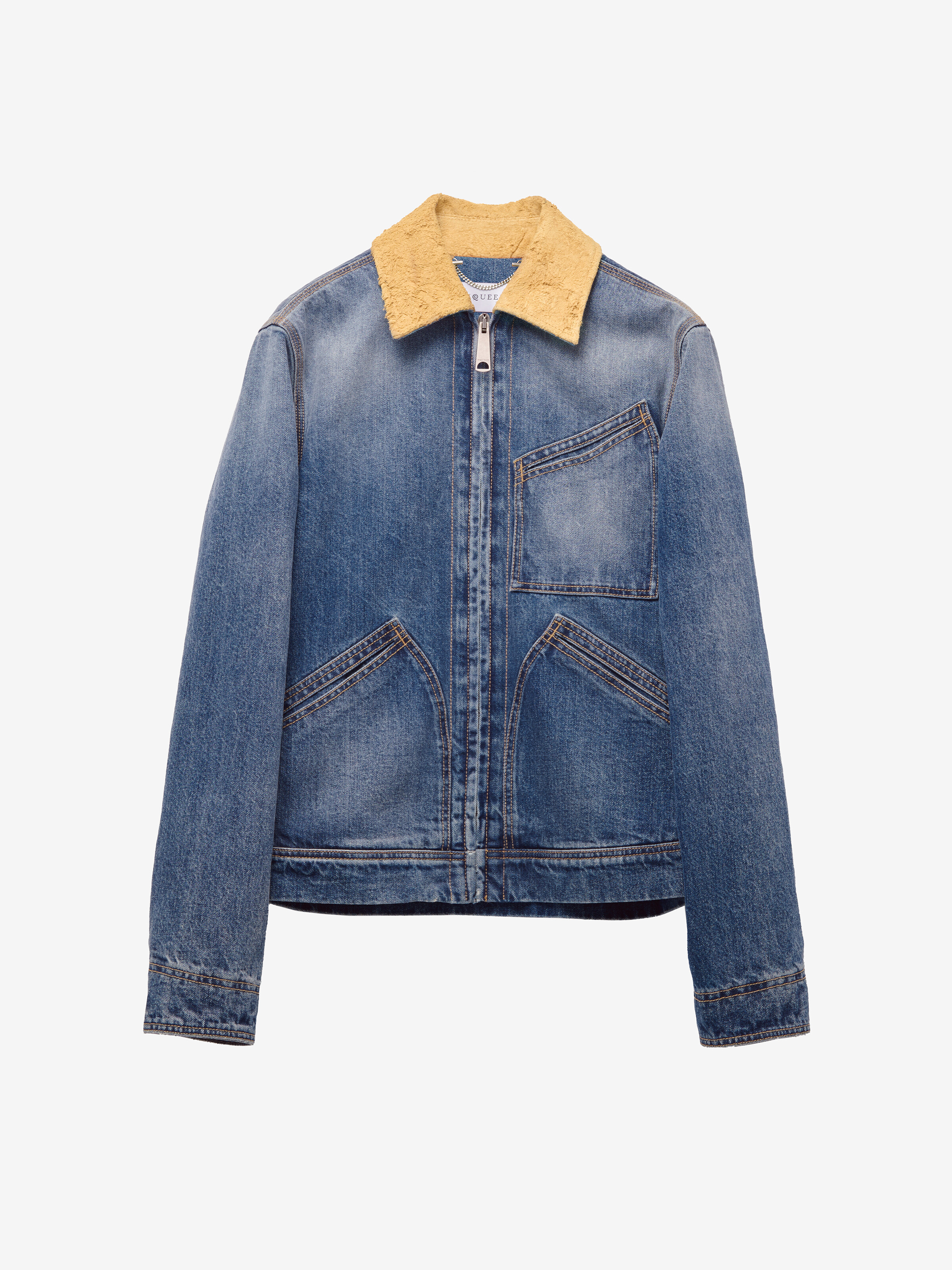 Jeansjacke mit Kragen aus Veloursleder